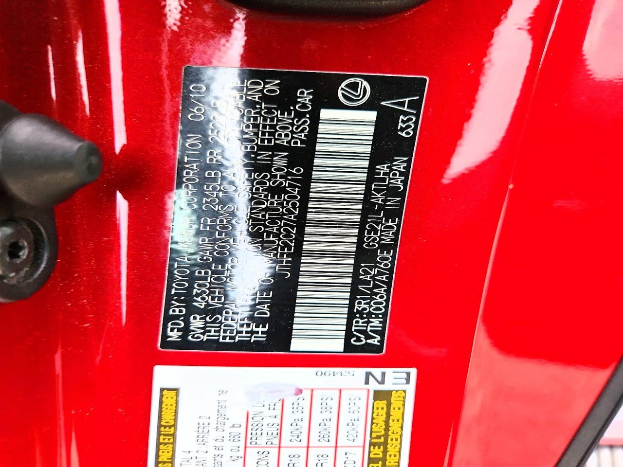 2010 Lexus Is 350 Red vin: JTHFE2C27A2504716