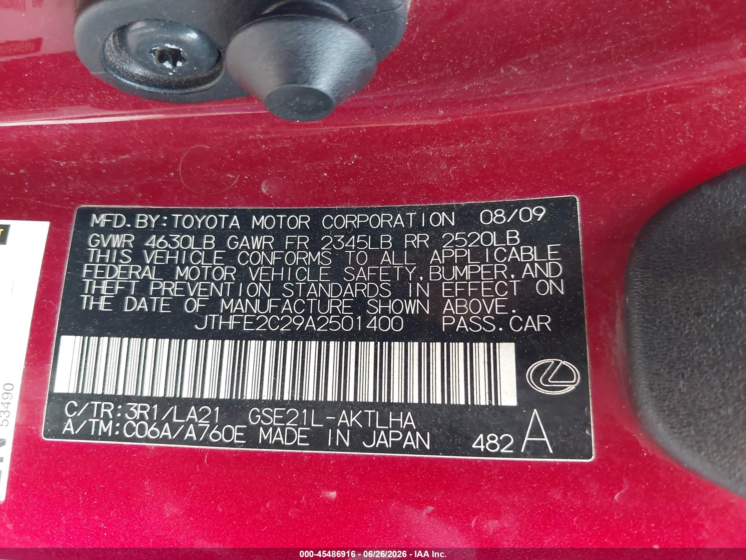 2010 Lexus Is 350c   Red vin: JTHFE2C29A2501400