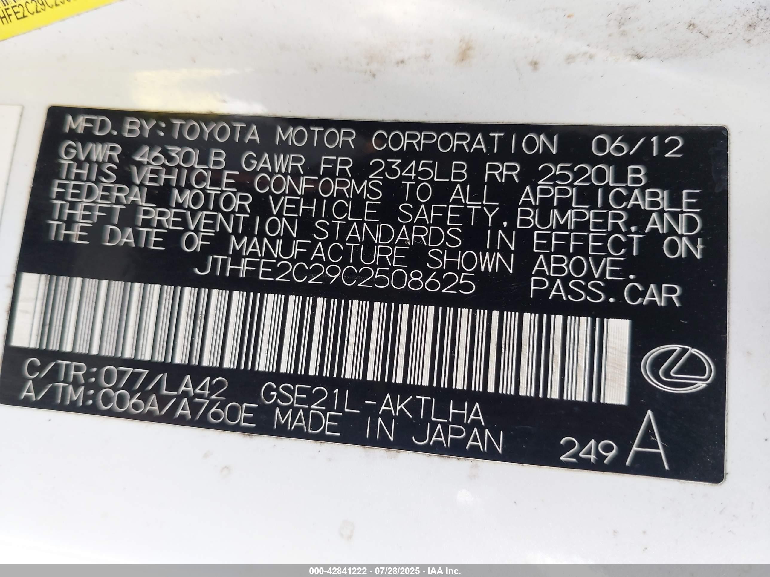 2012 Lexus Is 350c   White vin: JTHFE2C29C2508625
