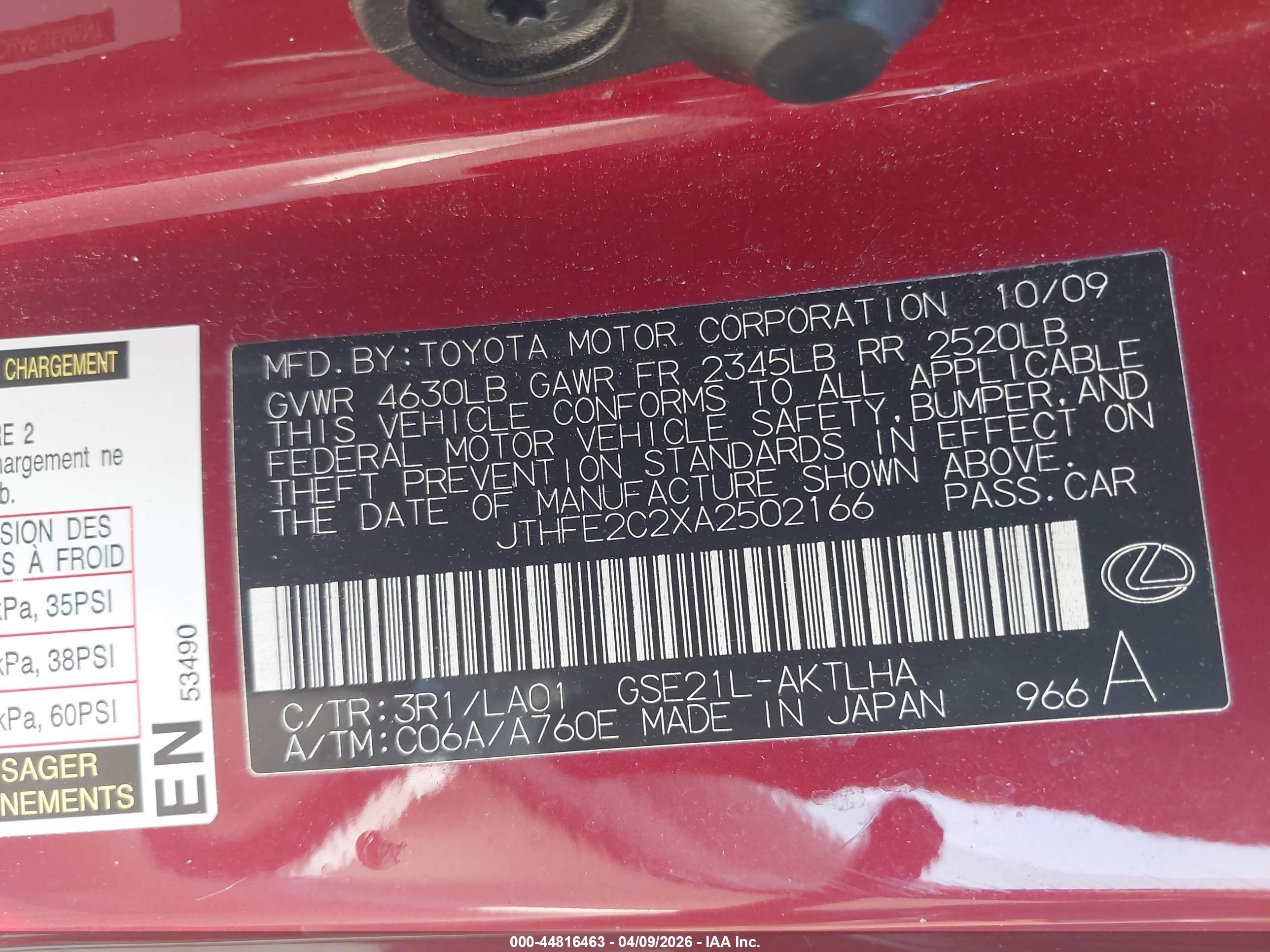 2010 Lexus Is 350c   Red vin: JTHFE2C2XA2502166