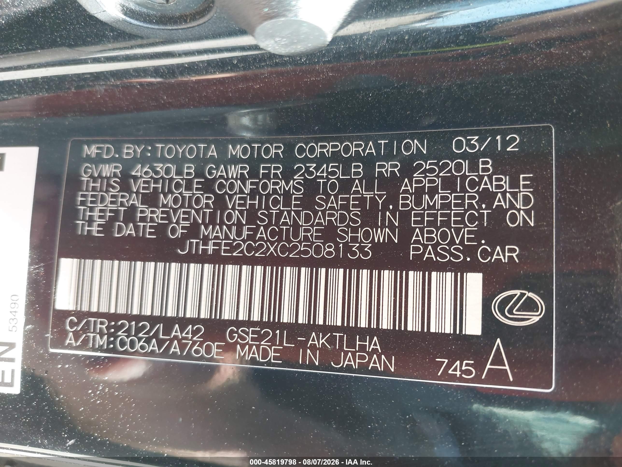 2012 Lexus Is 350c   Black vin: JTHFE2C2XC2508133