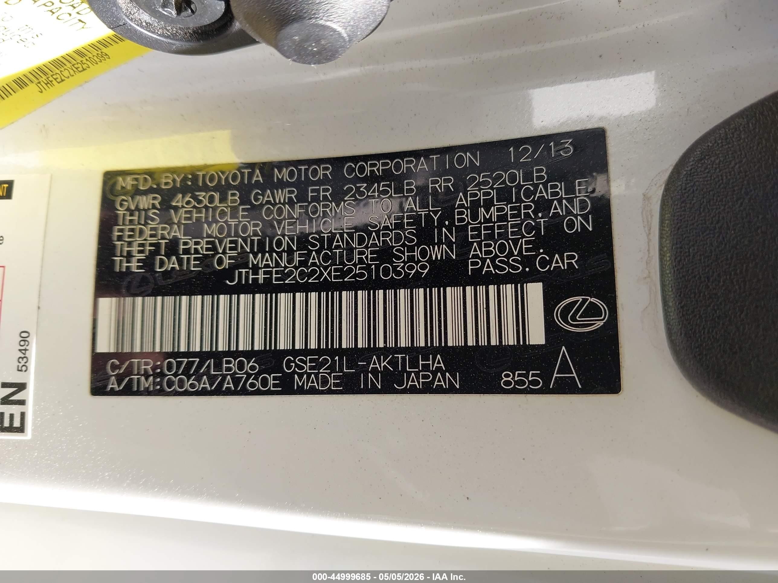 2014 Lexus Is 350c   White vin: JTHFE2C2XE2510399