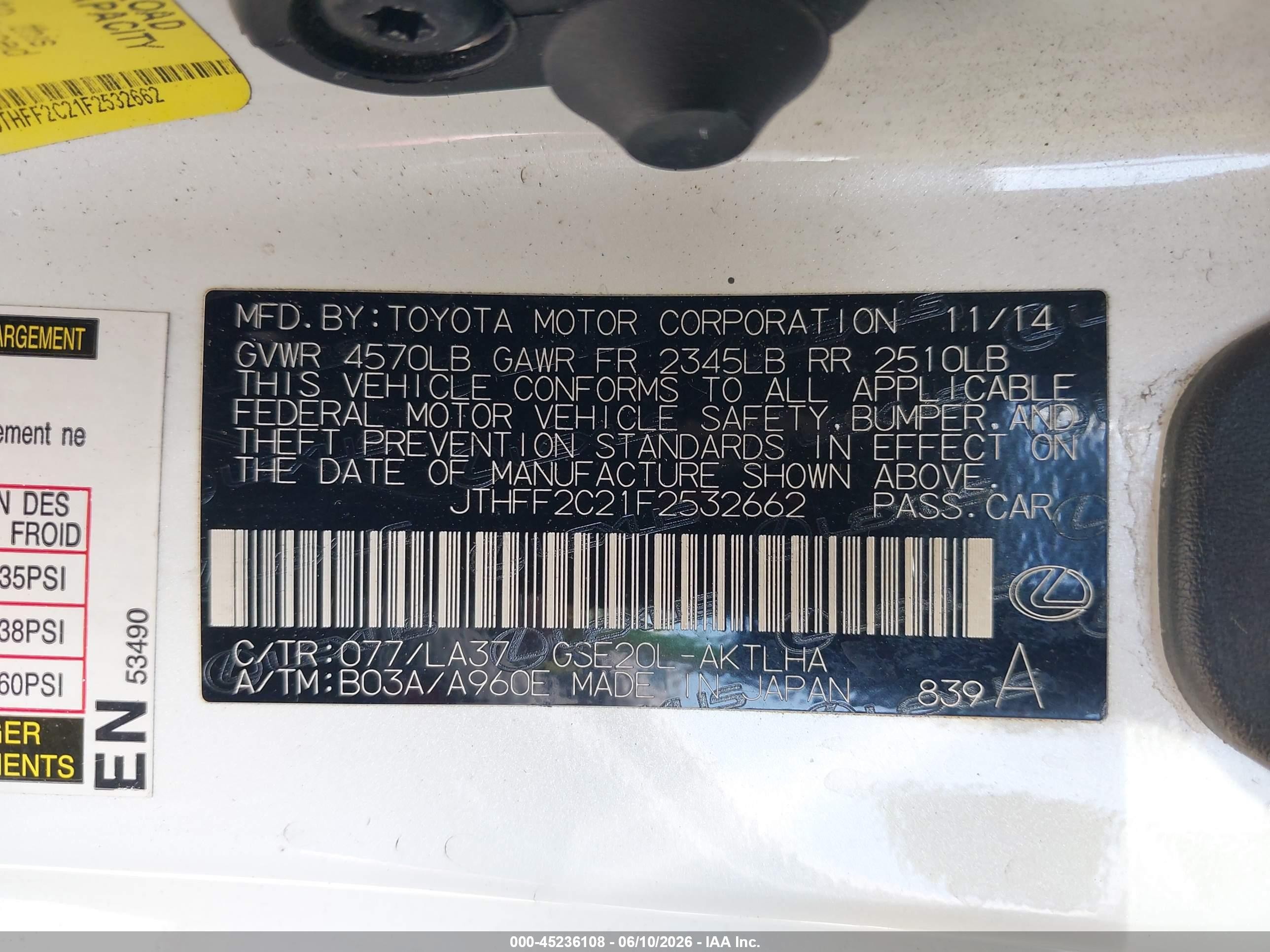 2015 Lexus Is 250c   White vin: JTHFF2C21F2532662