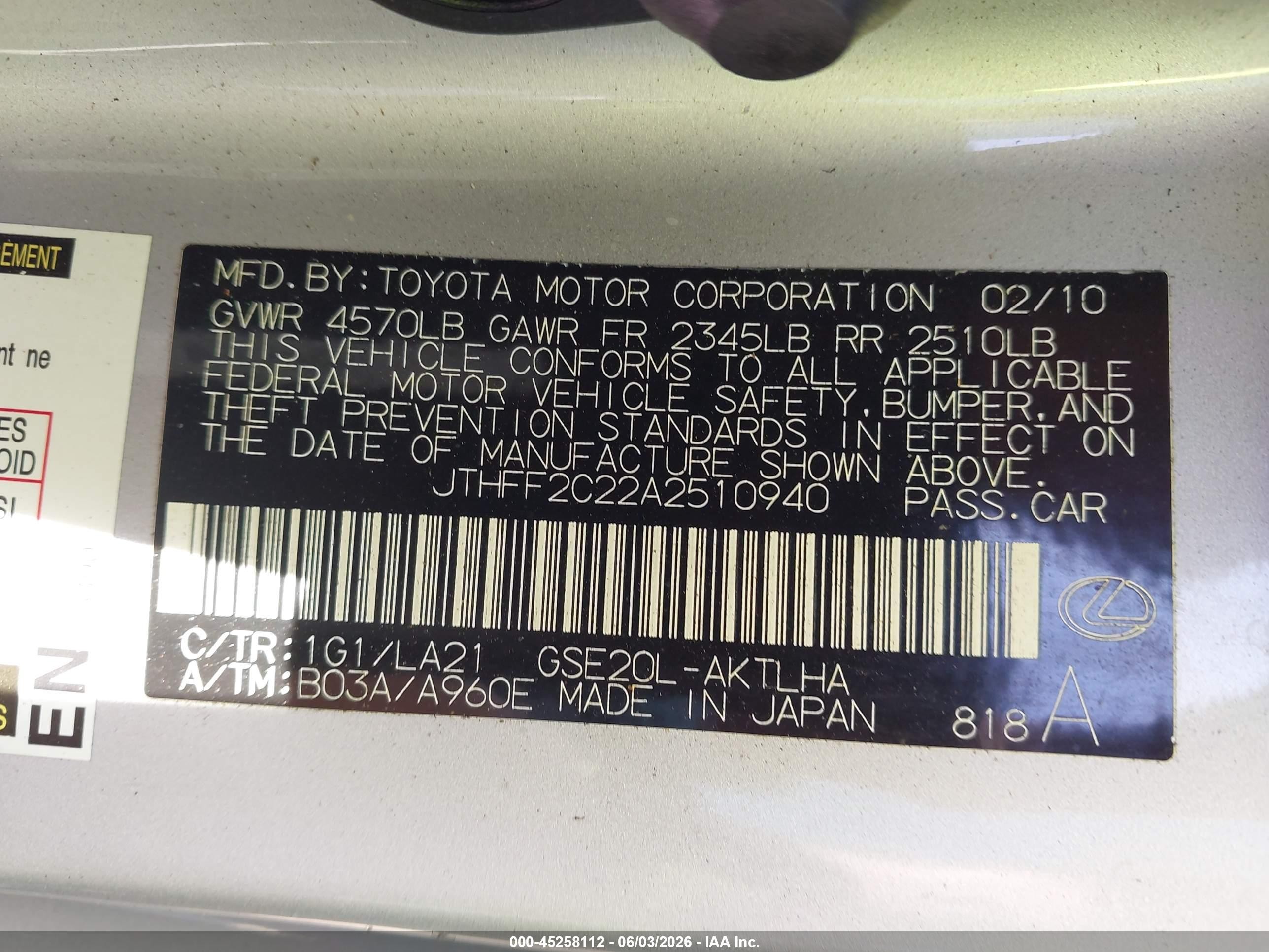 2010 Lexus Is 250c   Silver vin: JTHFF2C22A2510940