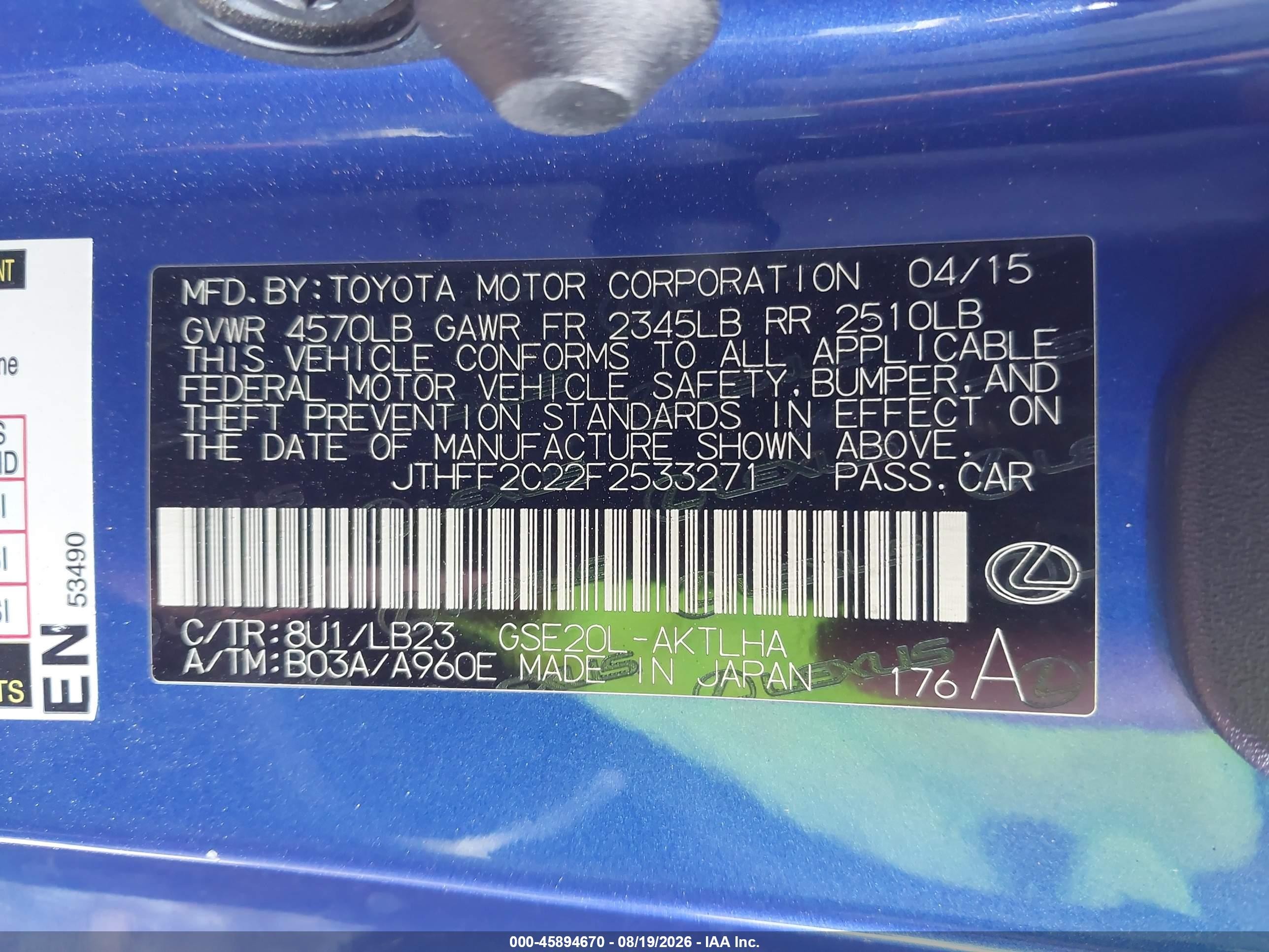 2015 Lexus Is 250c Blue vin: JTHFF2C22F2533271