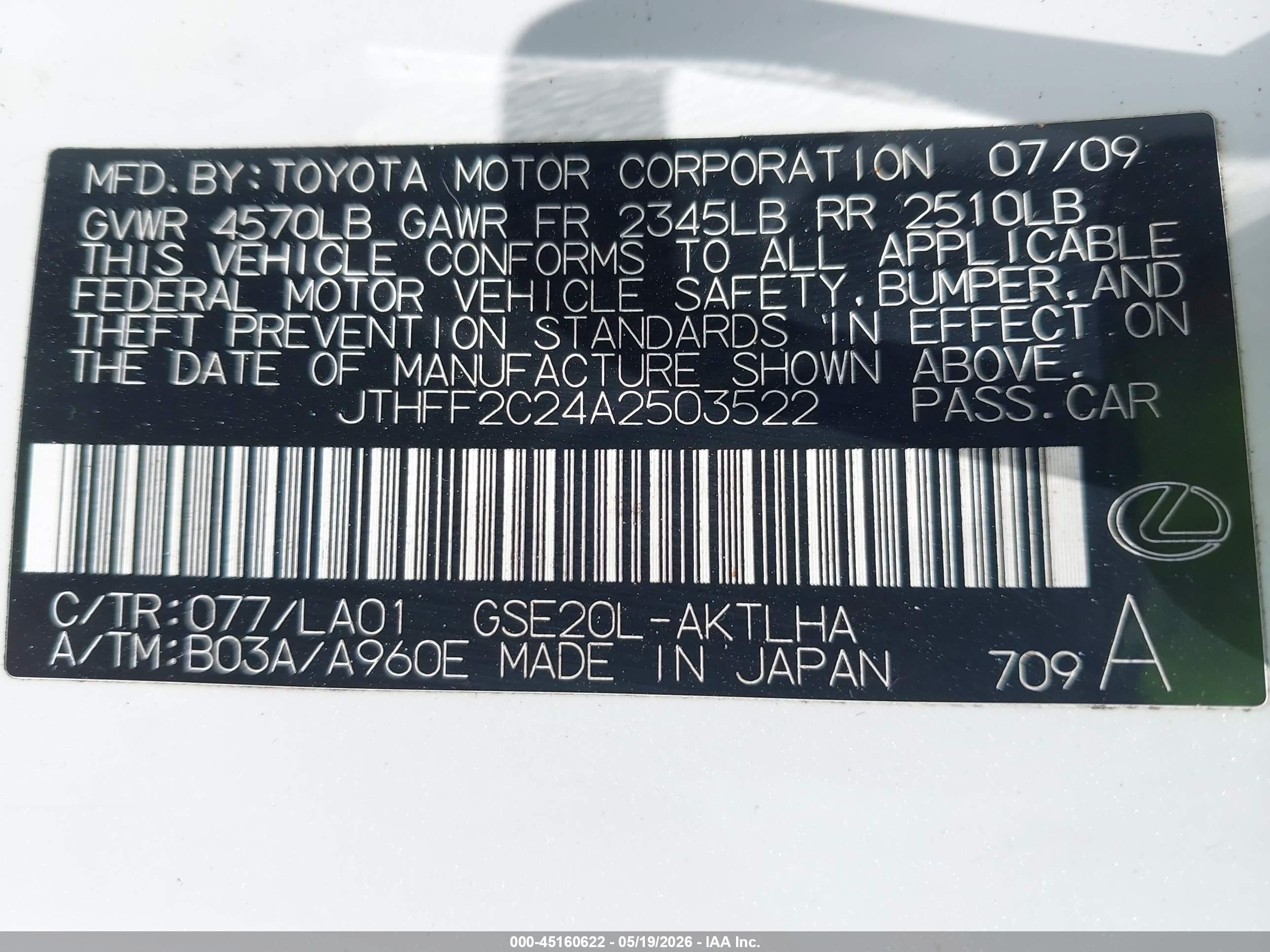 2010 Lexus Is 250c   White vin: JTHFF2C24A2503522