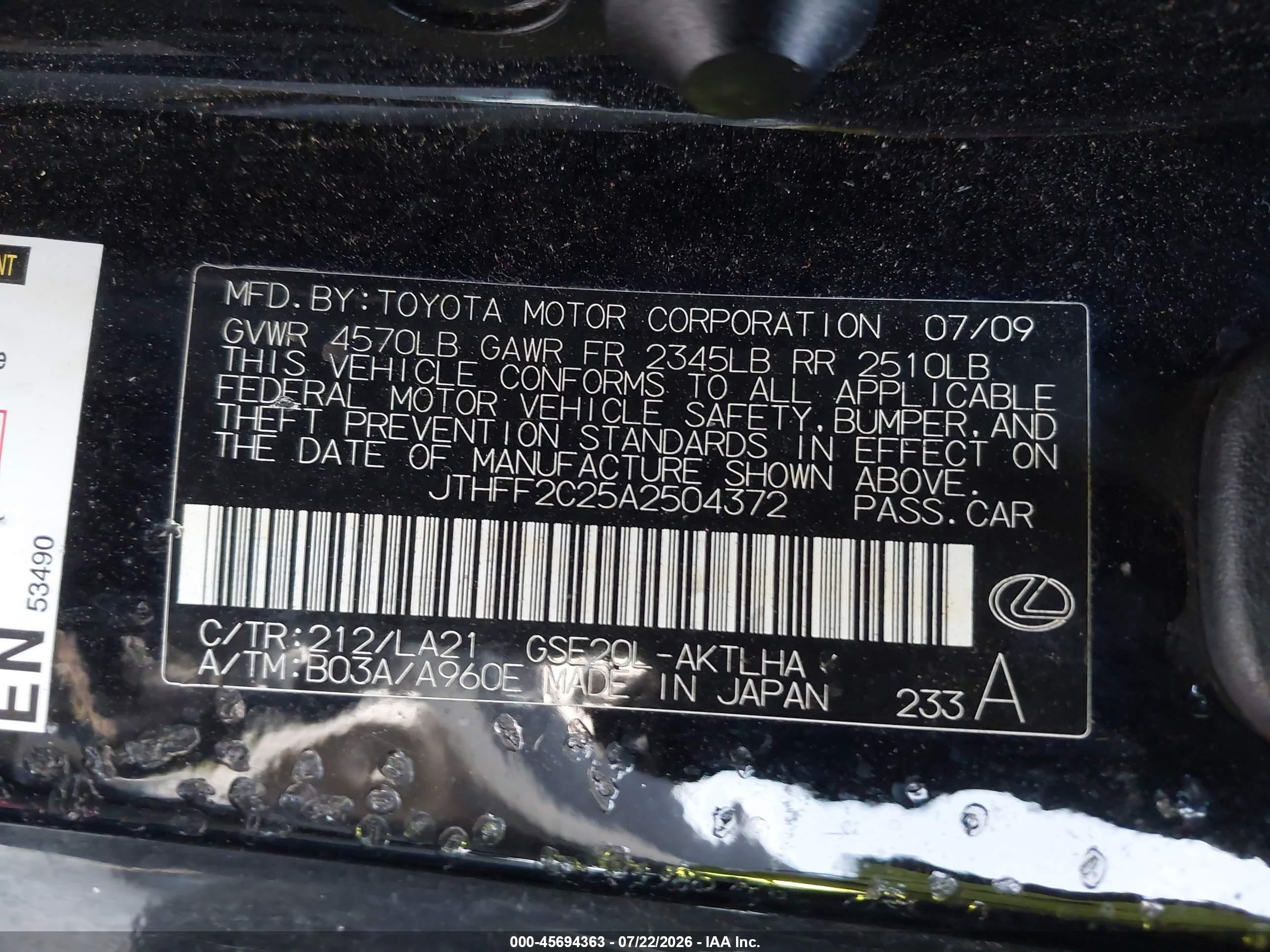 2010 Lexus Is 250c   Black vin: JTHFF2C25A2504372