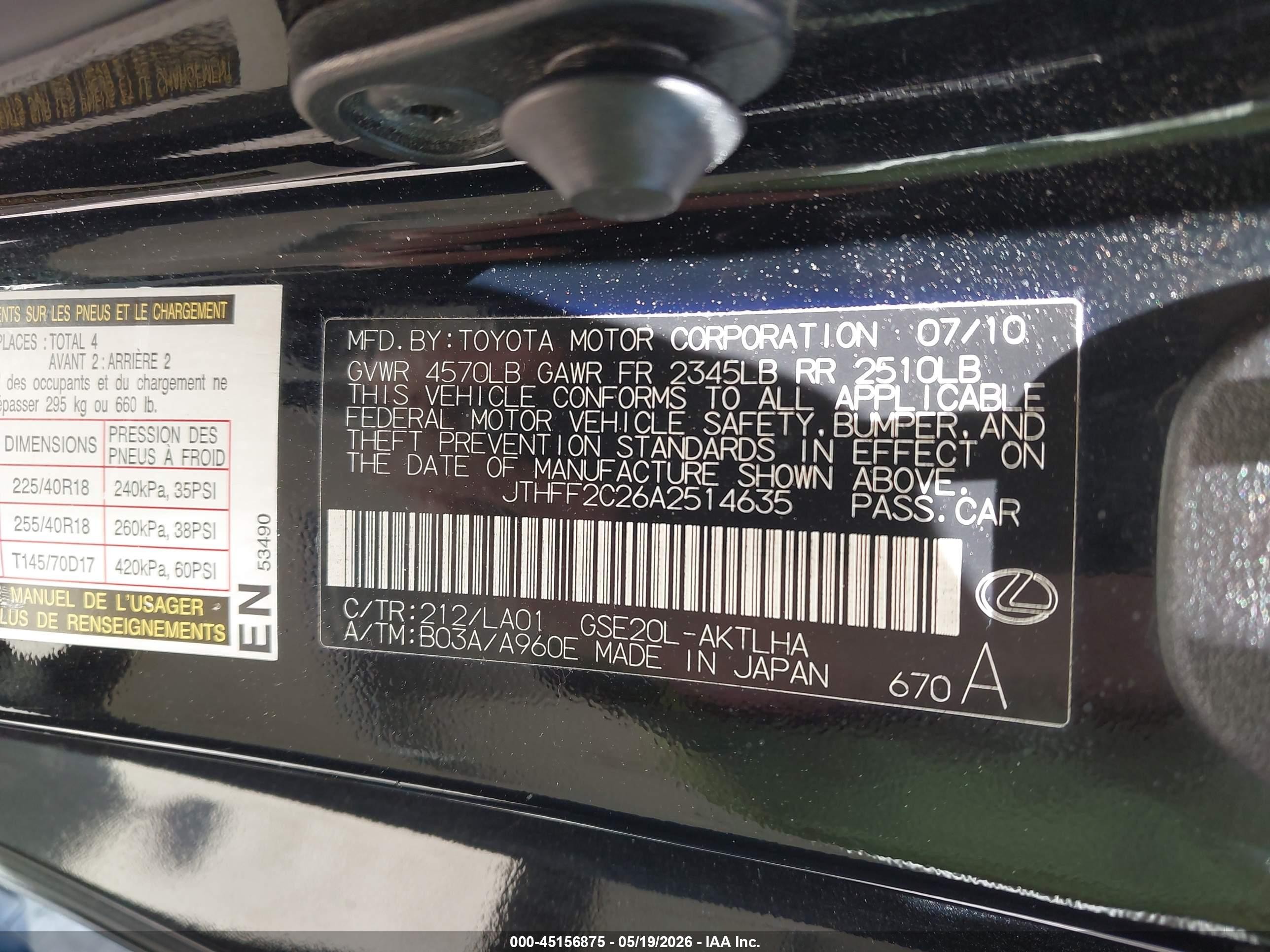 2010 Lexus Is 250c   Black vin: JTHFF2C26A2514635