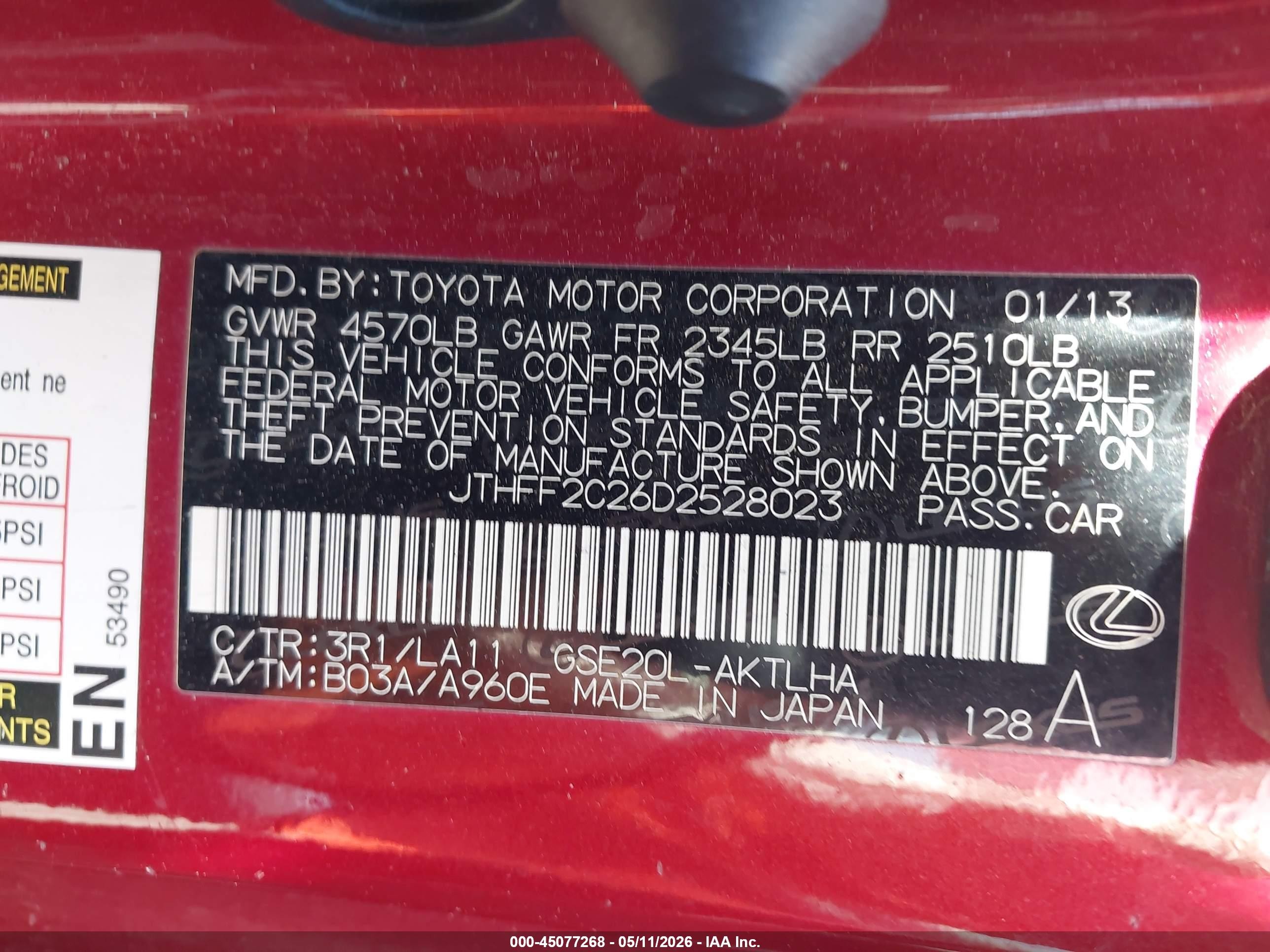 2013 Lexus Is 250c   Red vin: JTHFF2C26D2528023