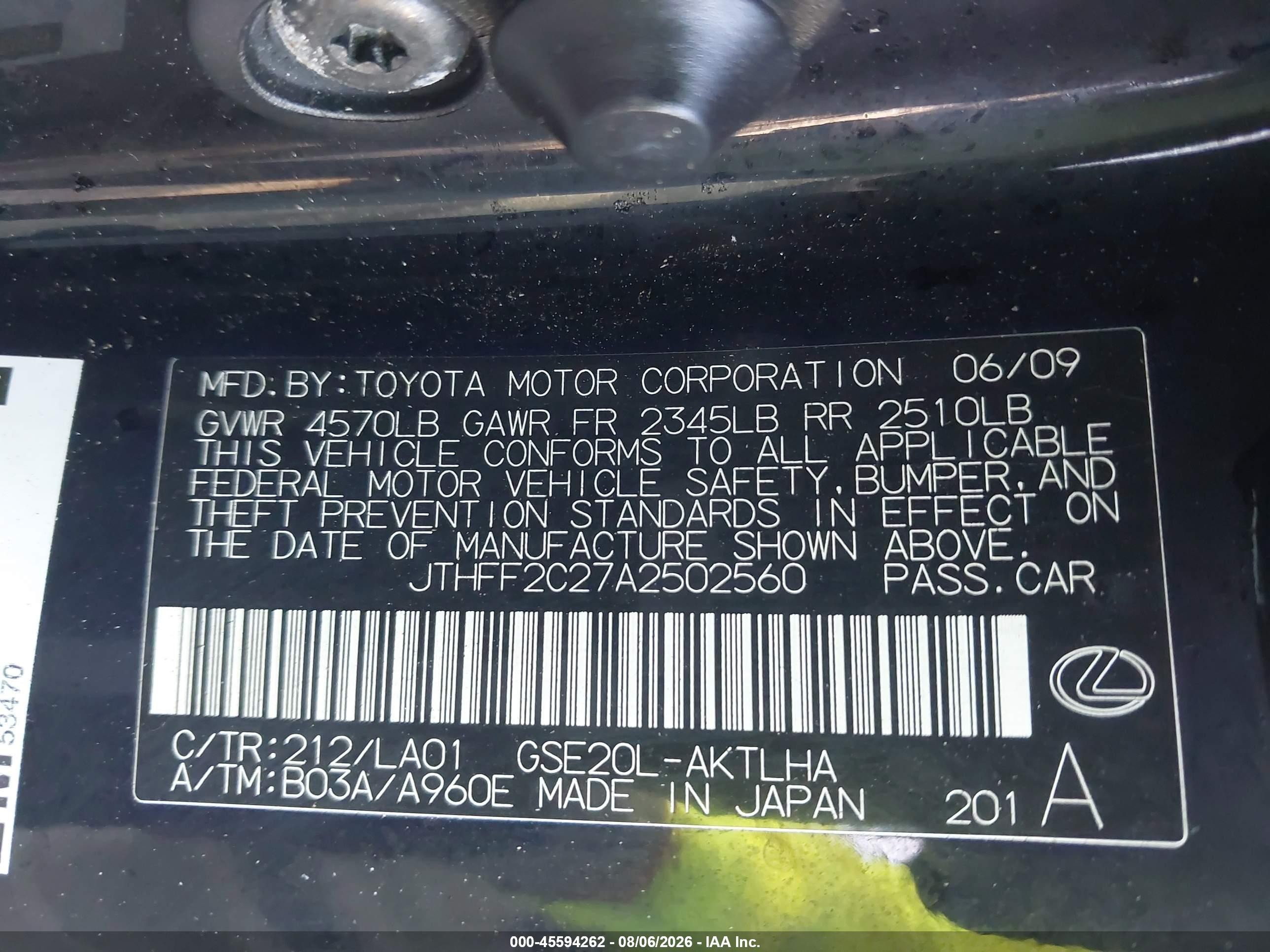 2010 Lexus Is 250c   Black vin: JTHFF2C27A2502560