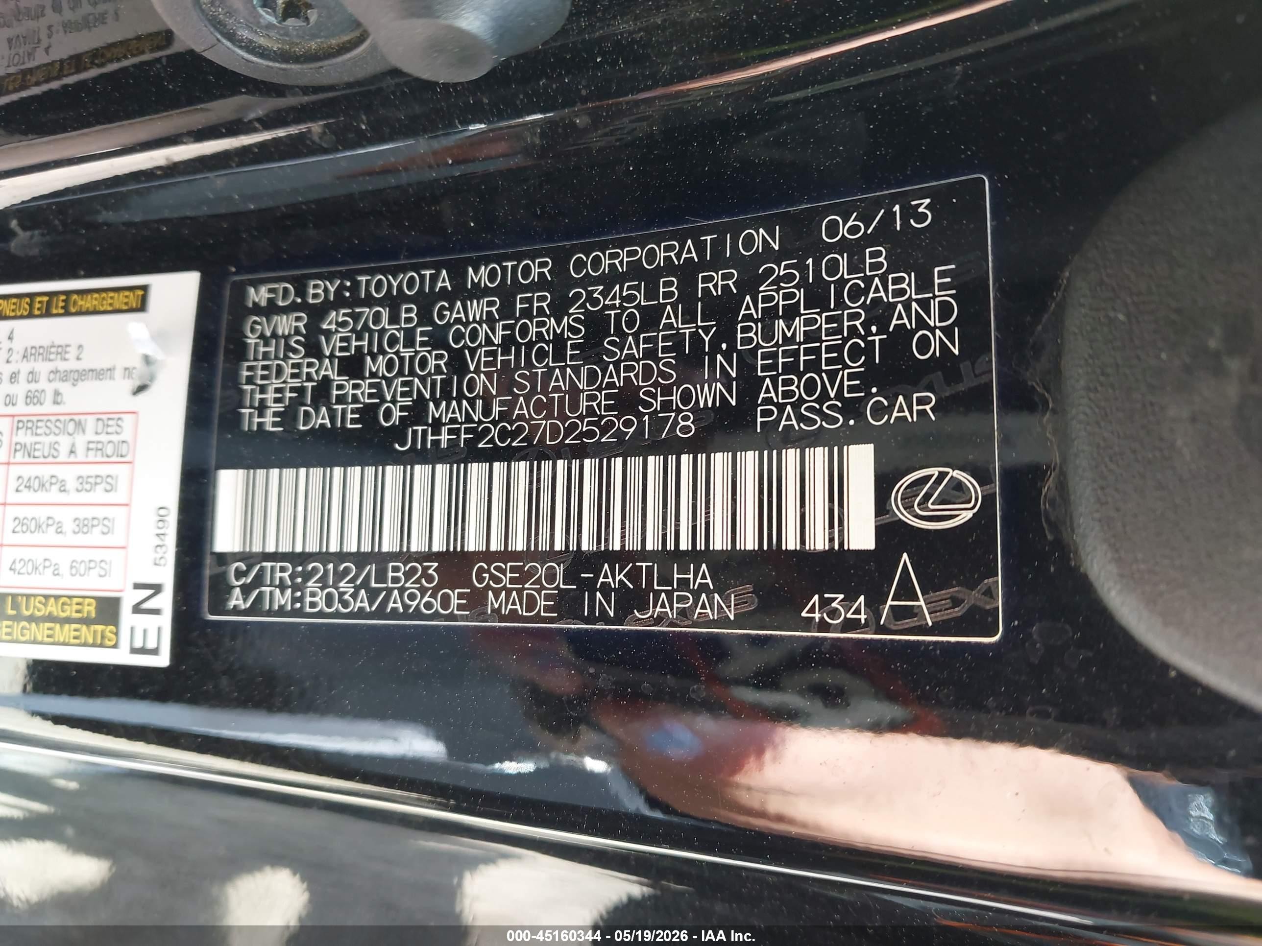 2013 Lexus Is 250c   Black vin: JTHFF2C27D2529178