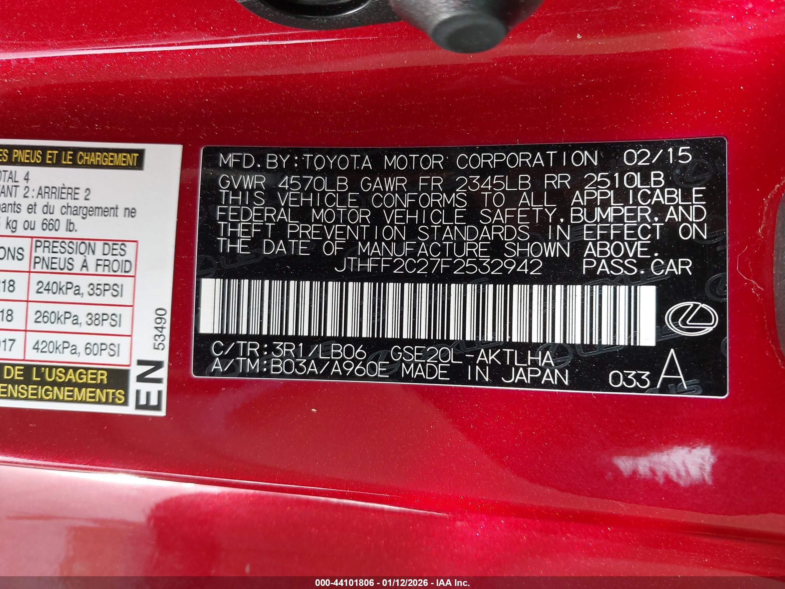 2015 Lexus Is 250c   Red vin: JTHFF2C27F2532942