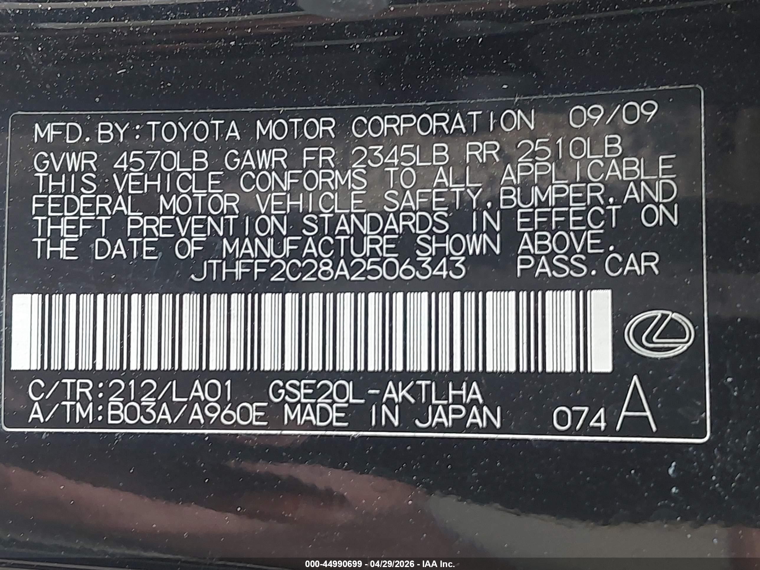2010 Lexus Is 250c   Black vin: JTHFF2C28A2506343