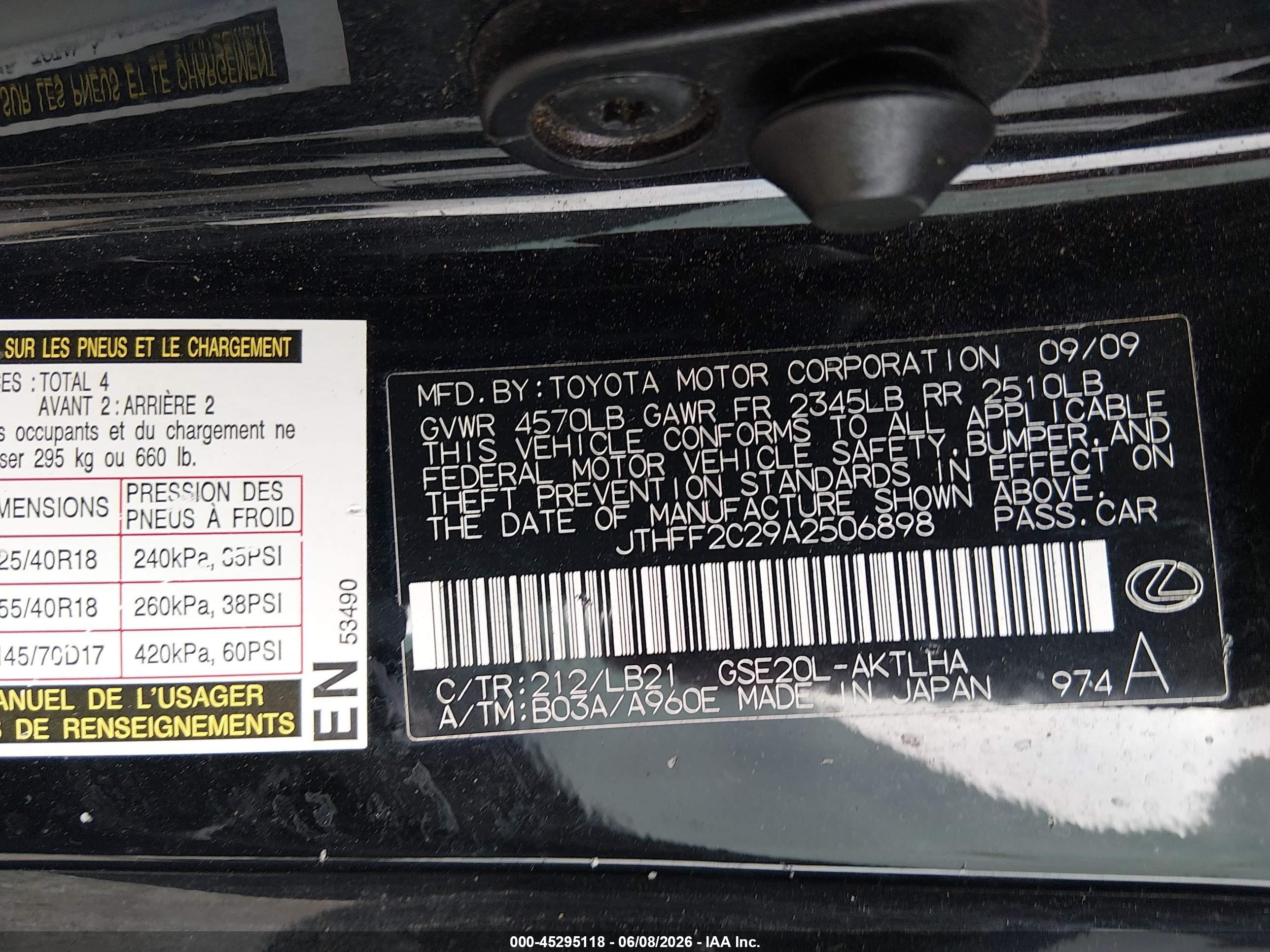2010 Lexus Is 250c   Black vin: JTHFF2C29A2506898