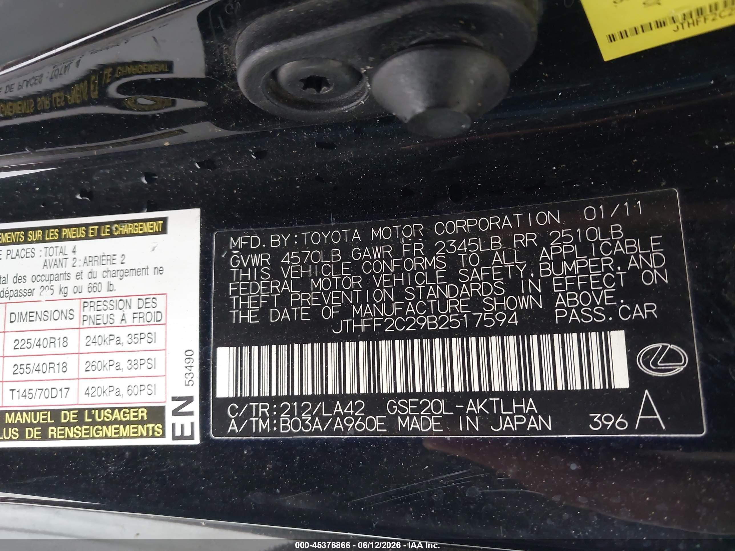 2011 Lexus Is 250c   Black vin: JTHFF2C29B2517594