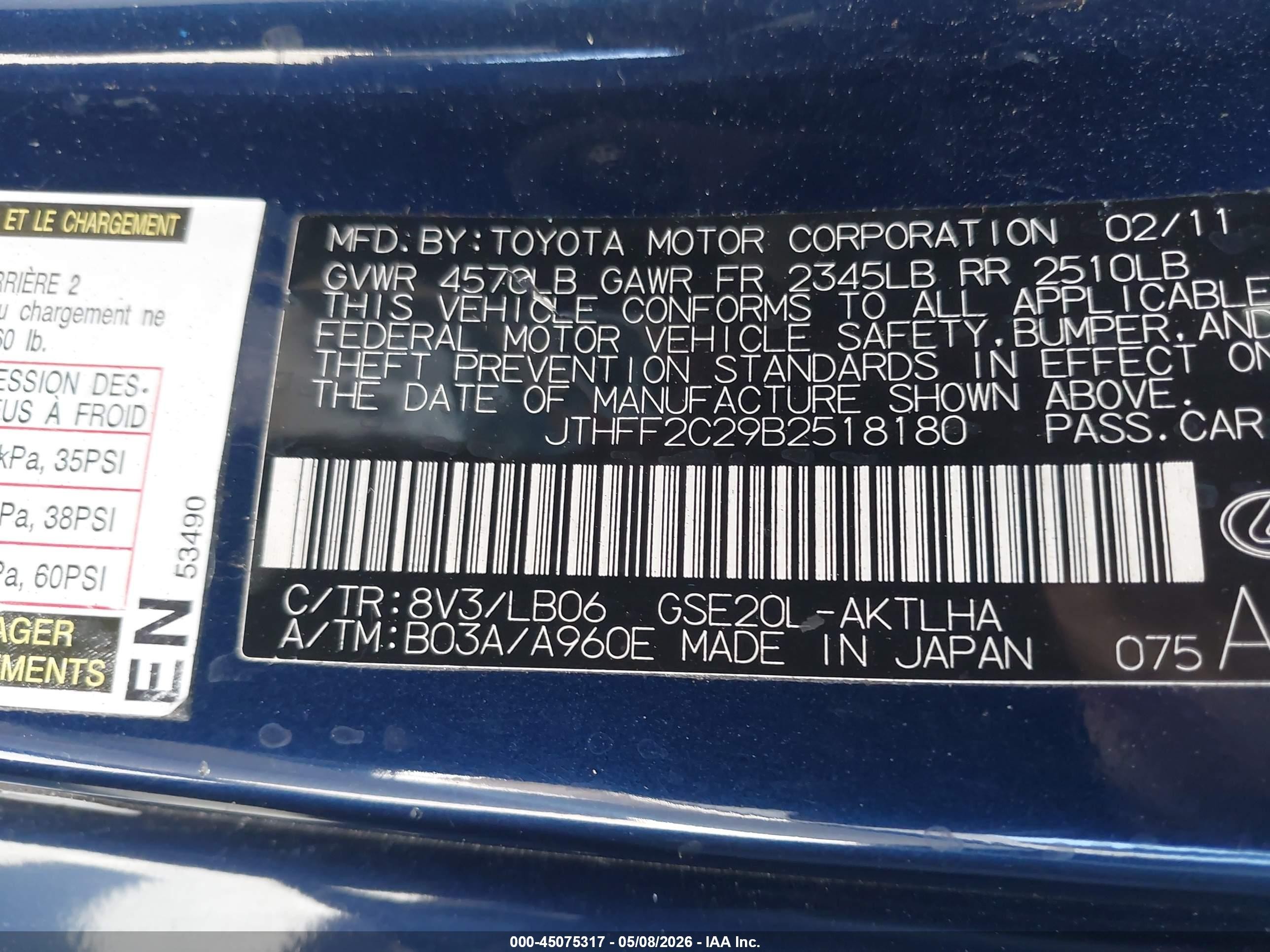 2011 Lexus Is 250c   Blue vin: JTHFF2C29B2518180