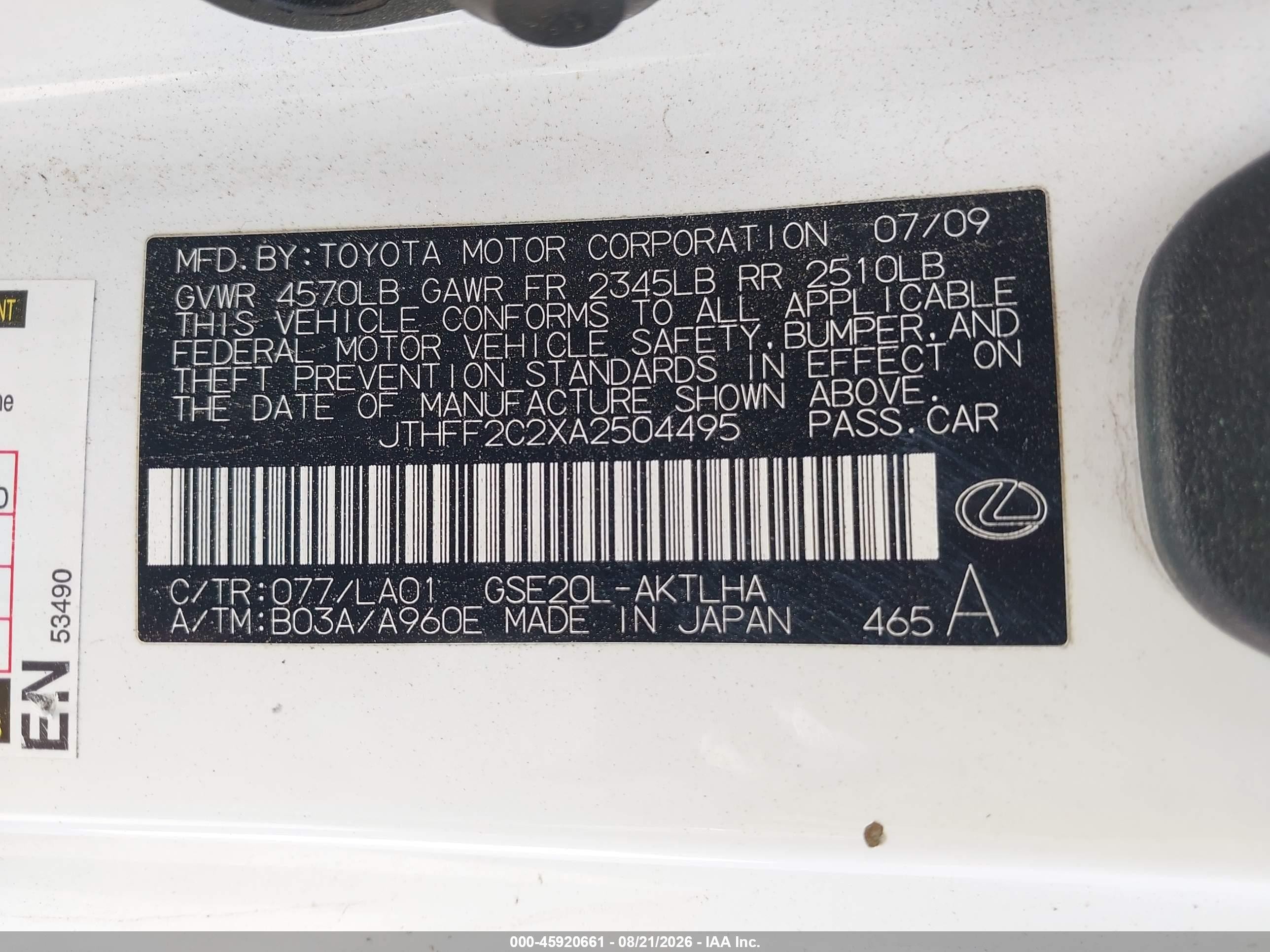 2010 Lexus Is 250c   White vin: JTHFF2C2XA2504495