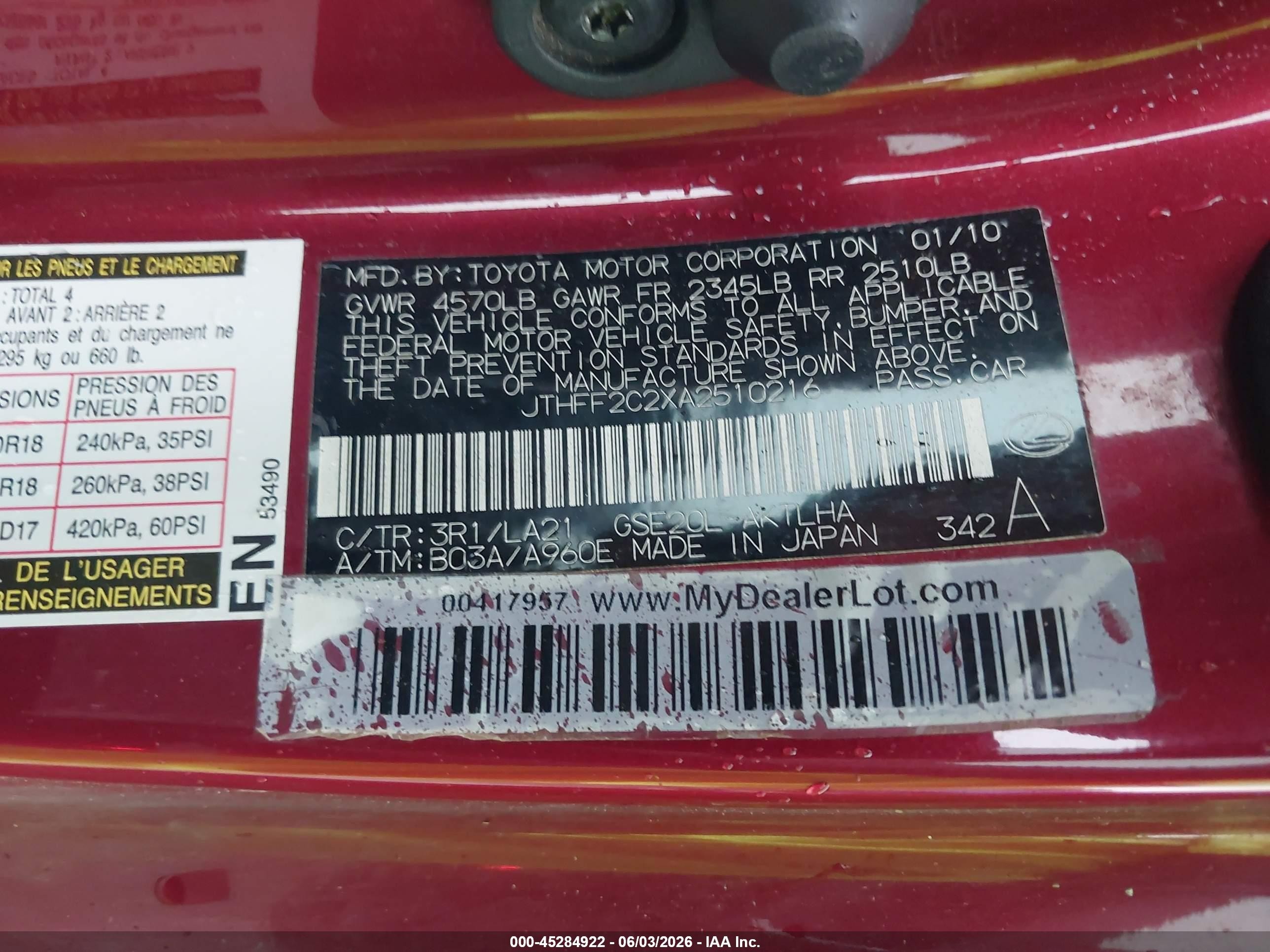 2010 Lexus Is 250c   Red vin: JTHFF2C2XA2510216