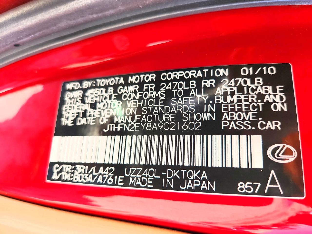 2010 Lexus Sc 430 Red vin: JTHFN2EY8A9021602