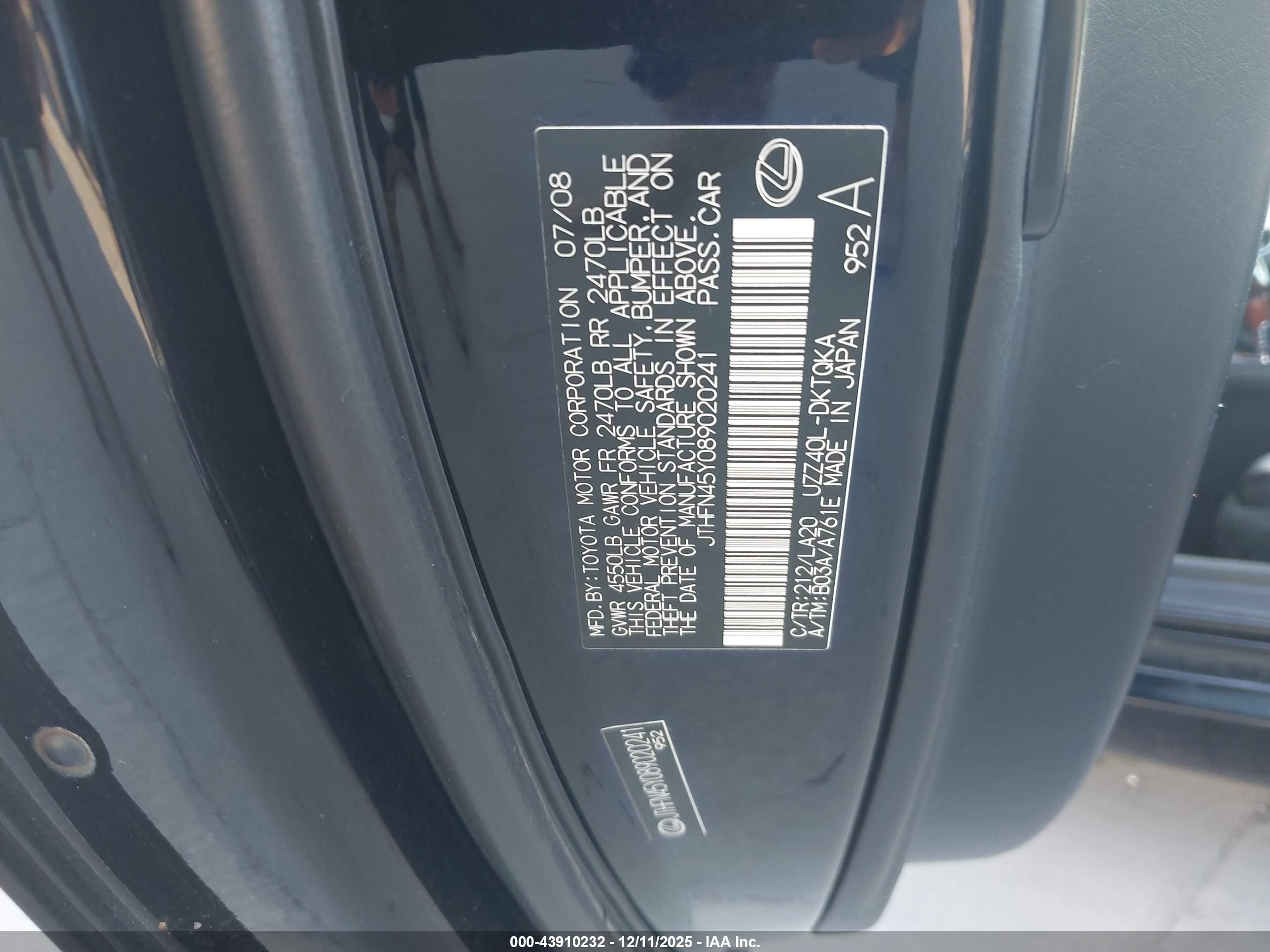 2008 Lexus Sc 430   Black vin: JTHFN45Y089020241