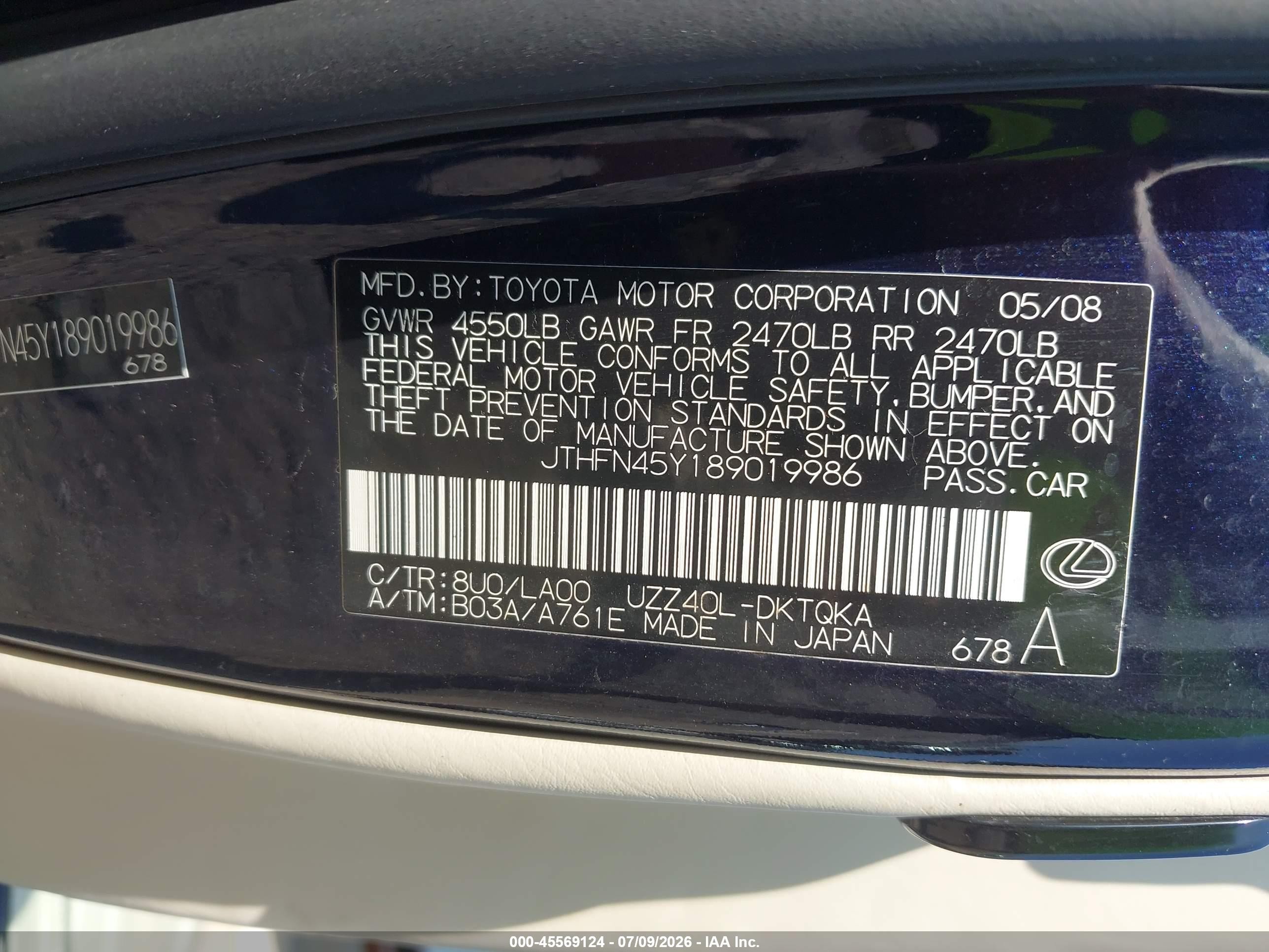 2008 Lexus Sc 430   Dark Blue vin: JTHFN45Y189019986