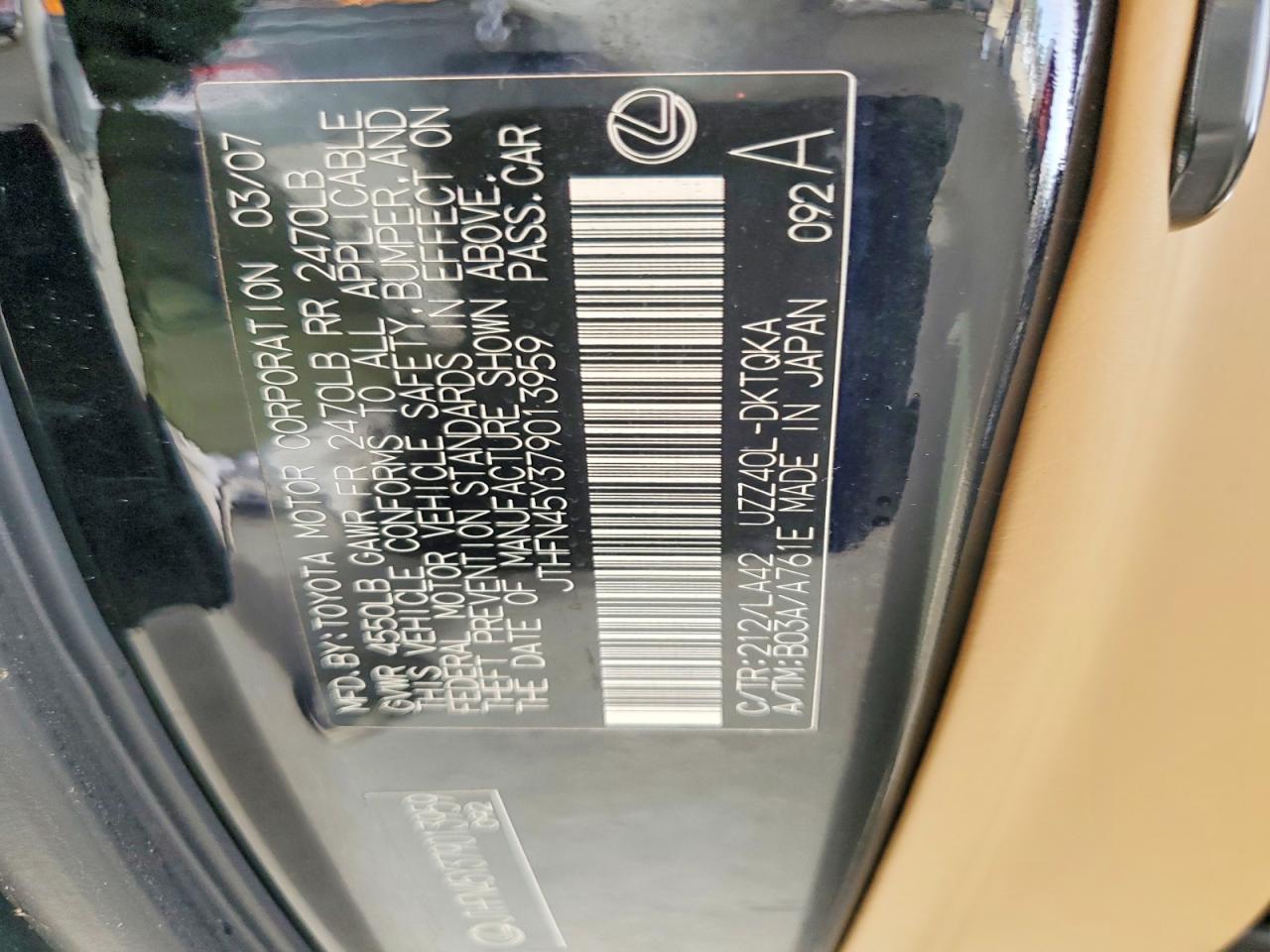 2007 Lexus Sc 430 Black vin: JTHFN45Y379013959