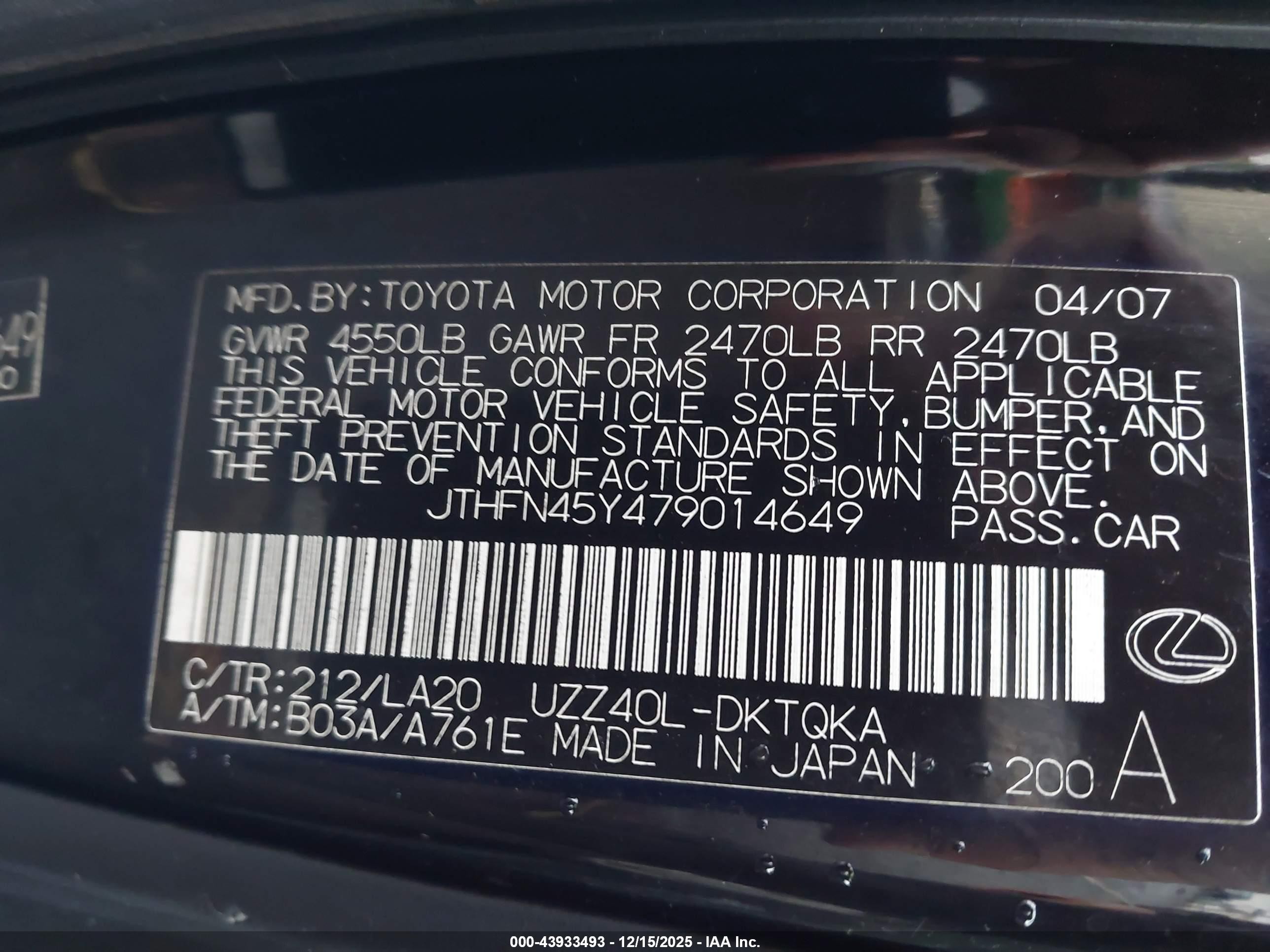 2007 Lexus Sc 430   Black vin: JTHFN45Y479014649
