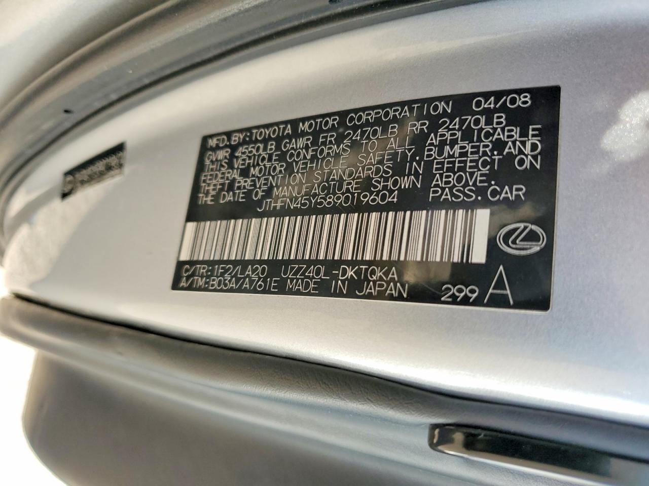 2008 Lexus Sc 430 Base Серебряный vin: JTHFN45Y589019604