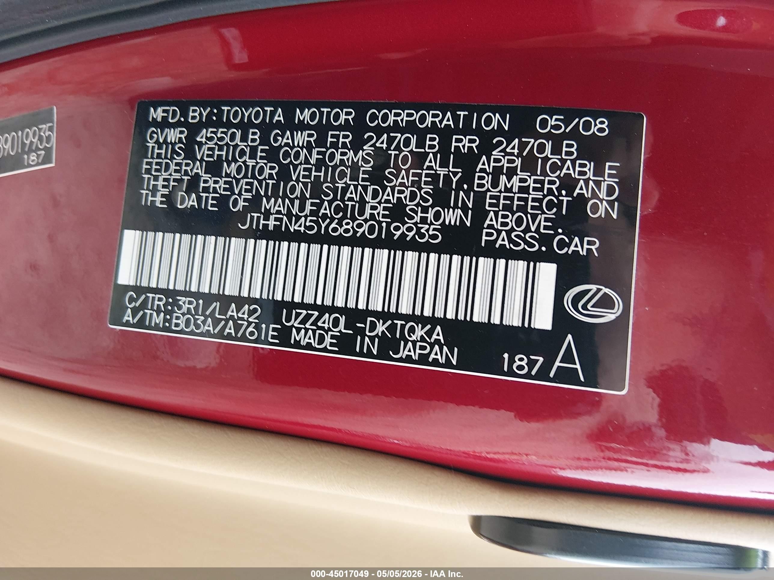 2008 Lexus Sc 430   Red vin: JTHFN45Y689019935