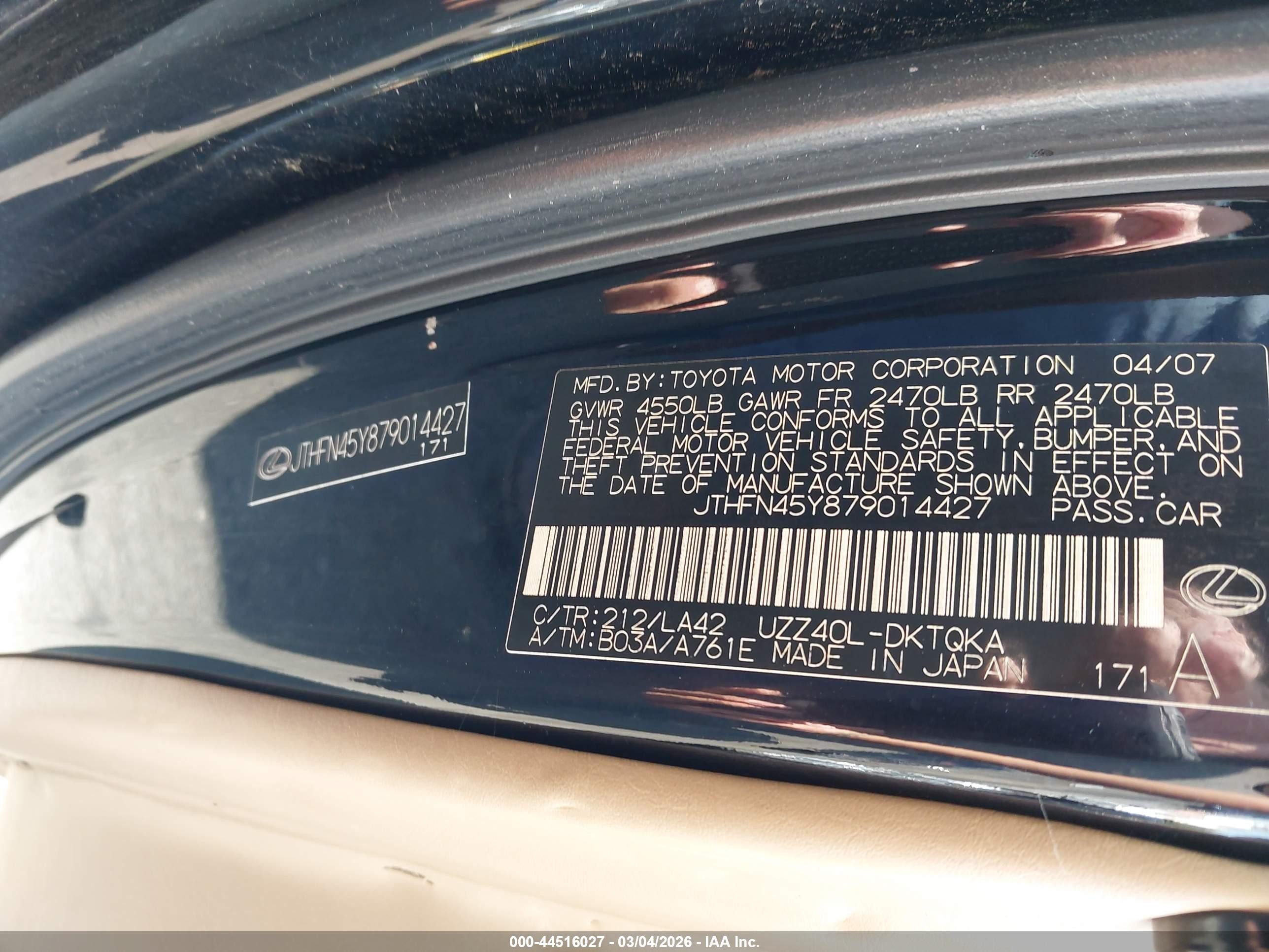 2007 Lexus Sc 430   Black vin: JTHFN45Y879014427