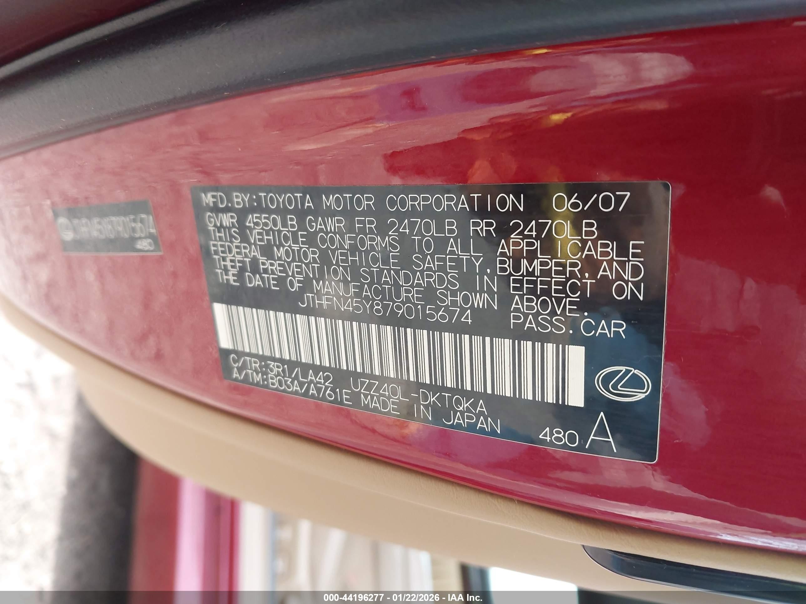 2007 Lexus Sc 430   Red vin: JTHFN45Y879015674