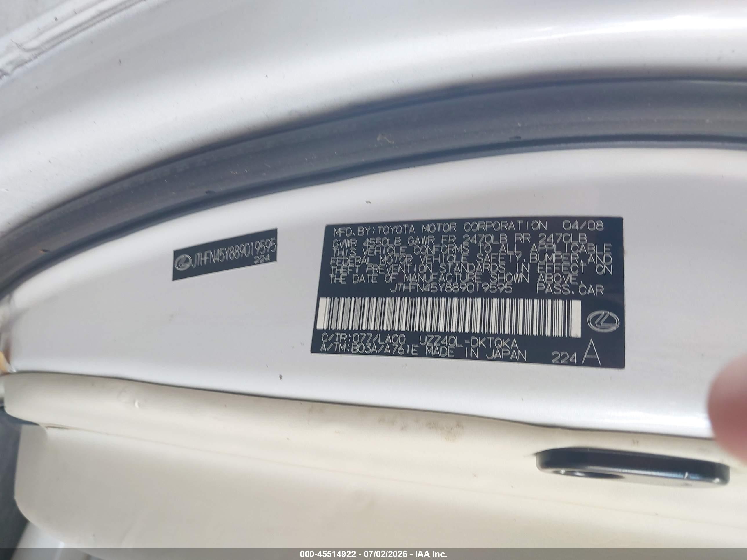 2008 Lexus Sc 430 White vin: JTHFN45Y889019595