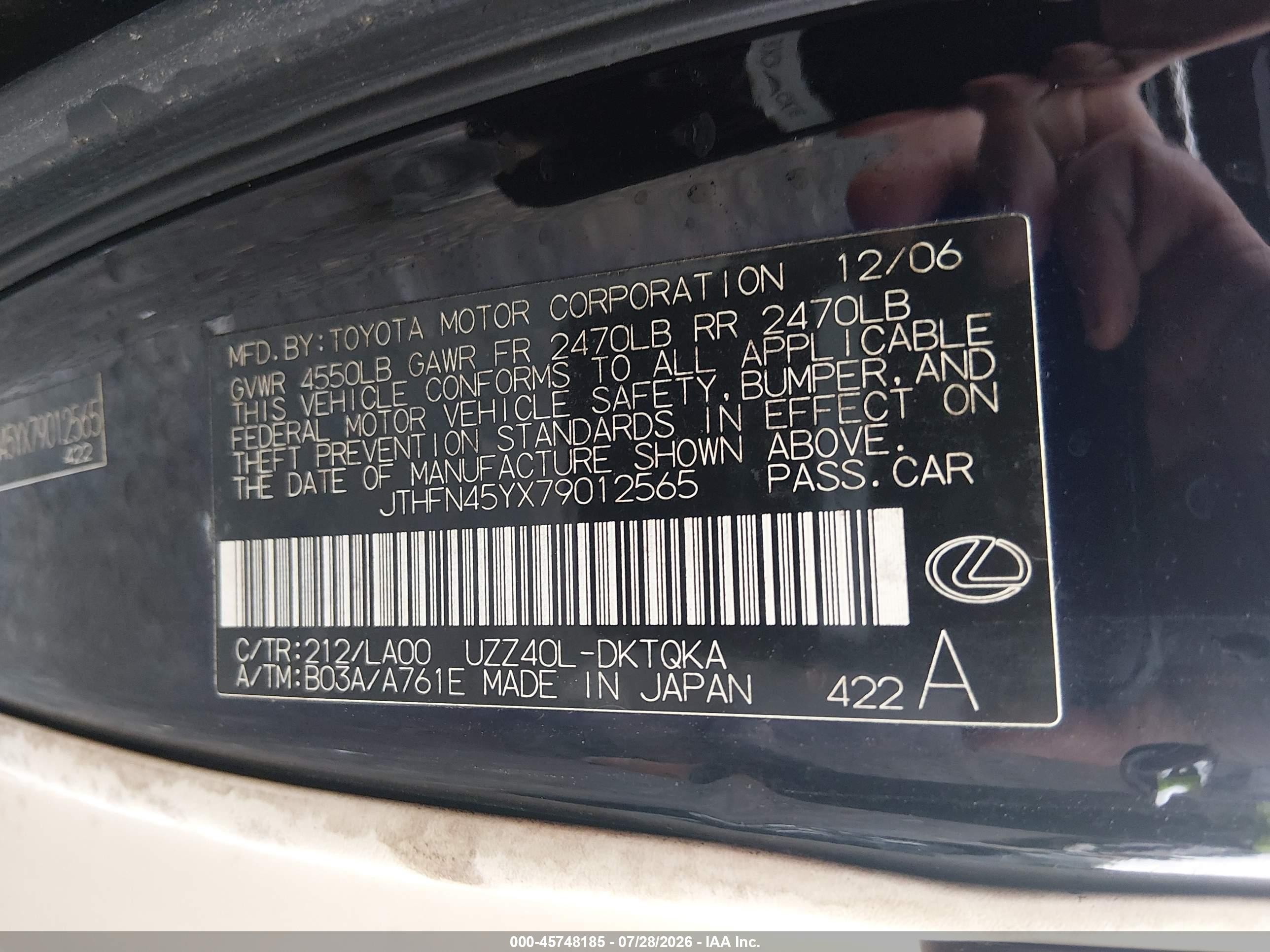 2007 Lexus Sc 430 Черный vin: JTHFN45YX79012565