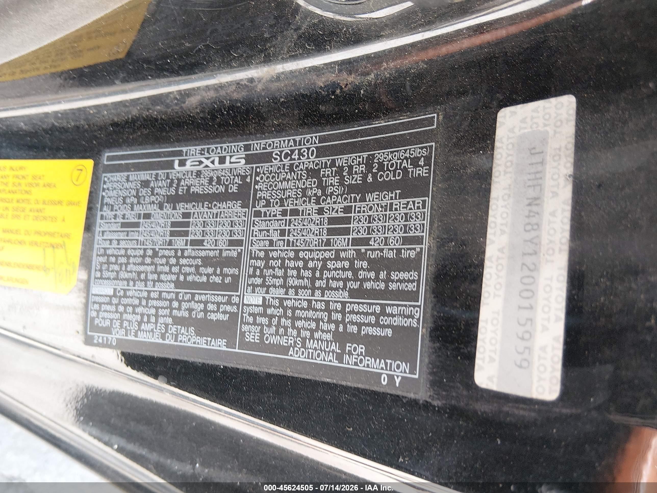 2002 Lexus Sc 430   Black vin: JTHFN48Y120015959