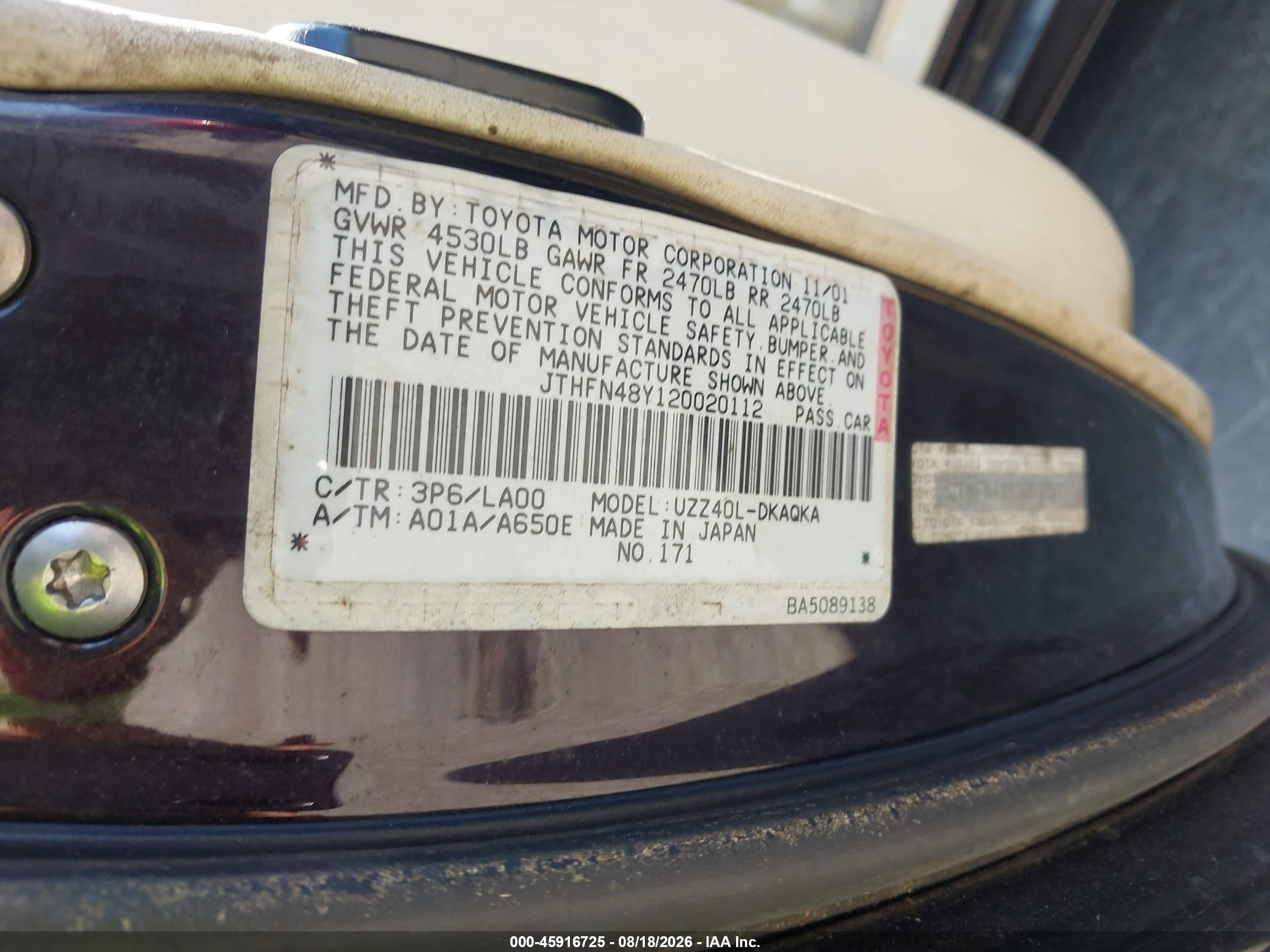 2002 Lexus Sc 430 Purple vin: JTHFN48Y120020112