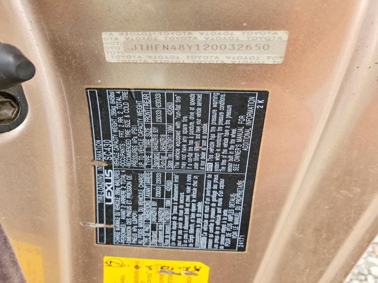 2002 Lexus Sc 430 Tan vin: JTHFN48Y120032650