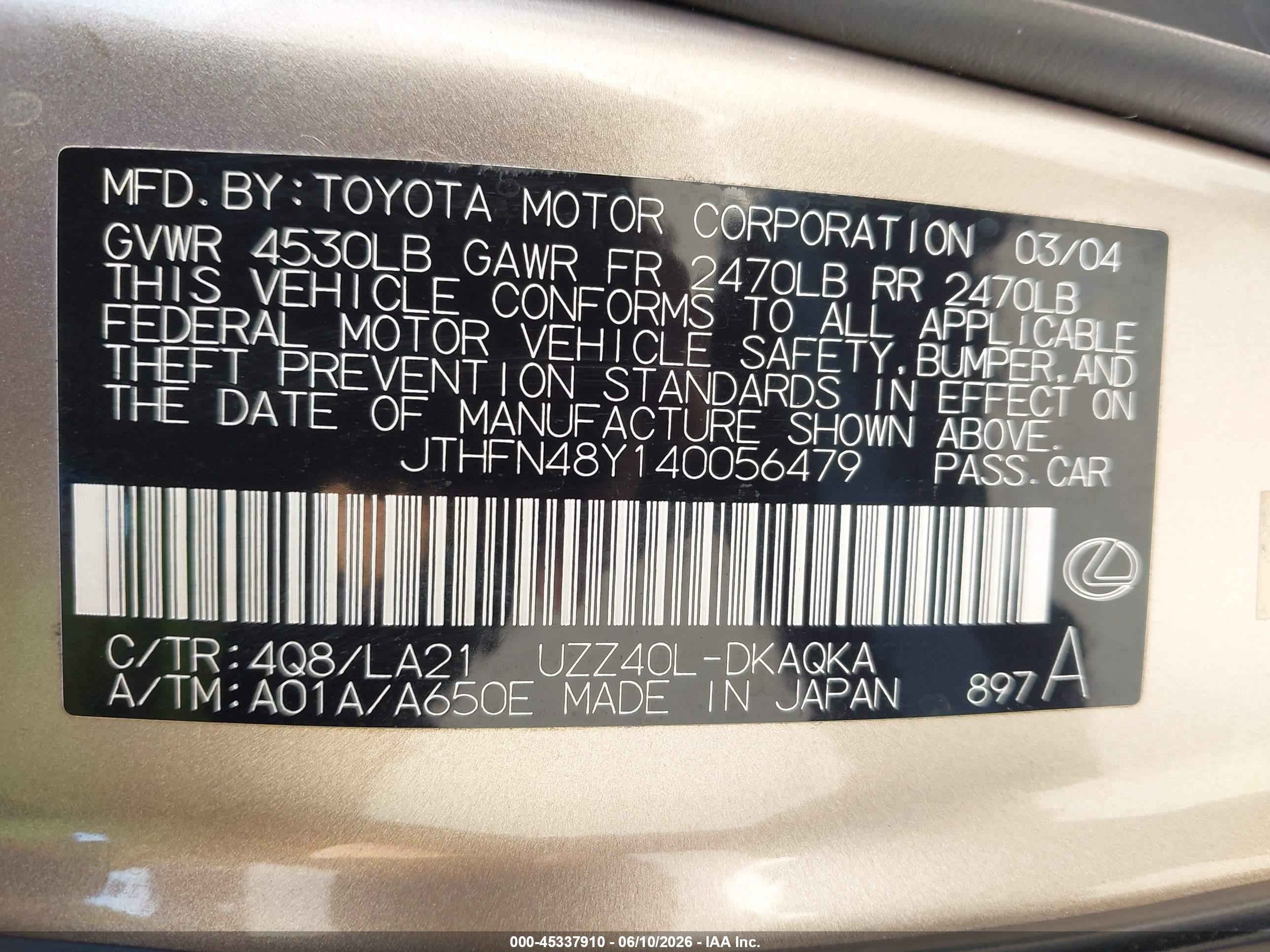 2004 Lexus Sc 430   Золотой vin: JTHFN48Y140056479