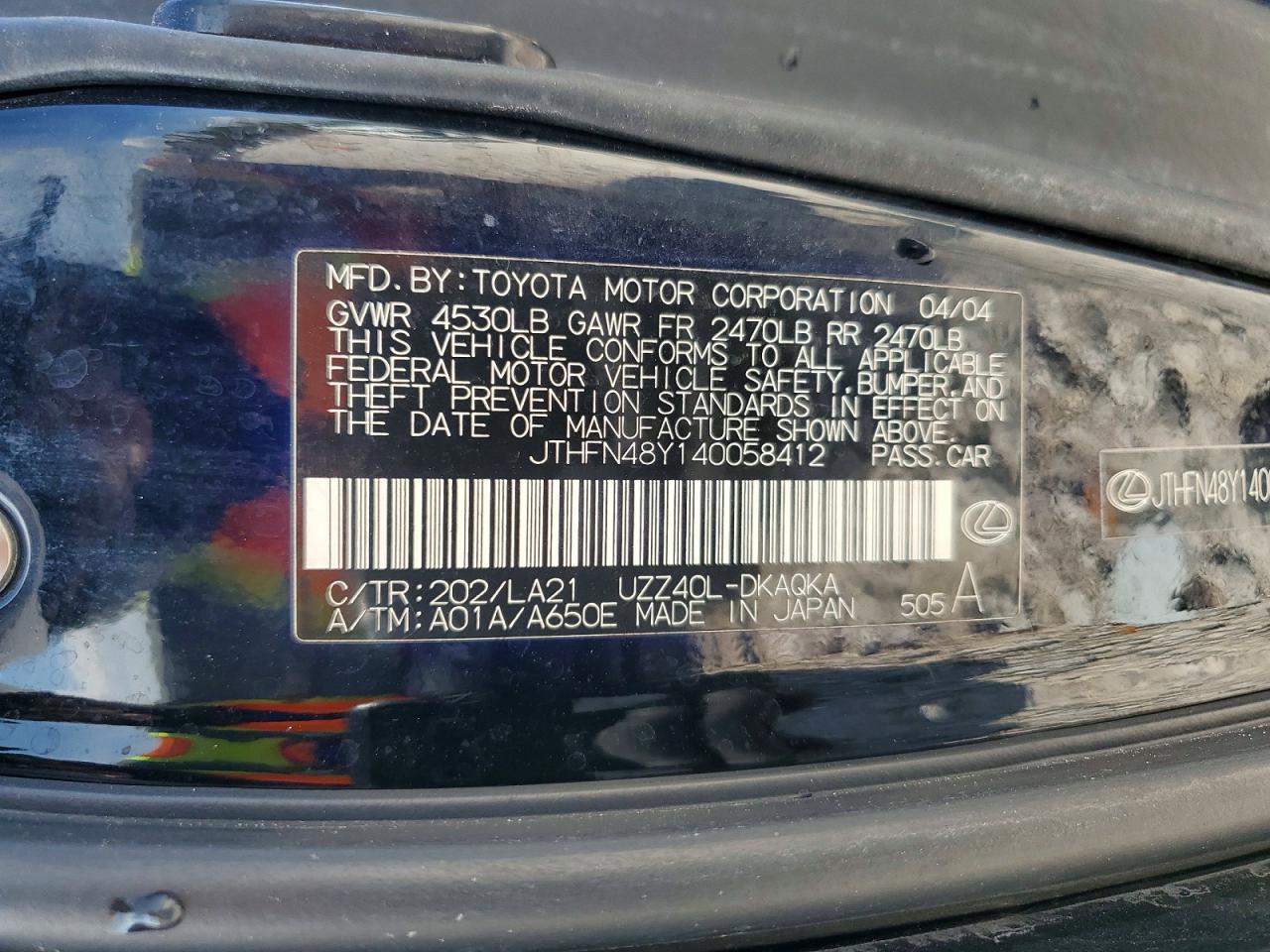 2004 Lexus Sc 430 Base Black vin: JTHFN48Y140058412