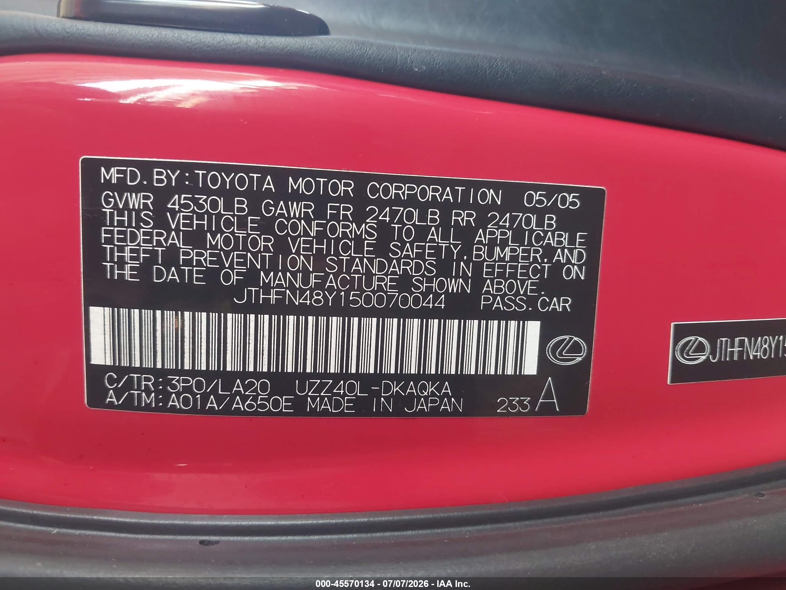 2005 Lexus Sc 430   Red vin: JTHFN48Y150070044