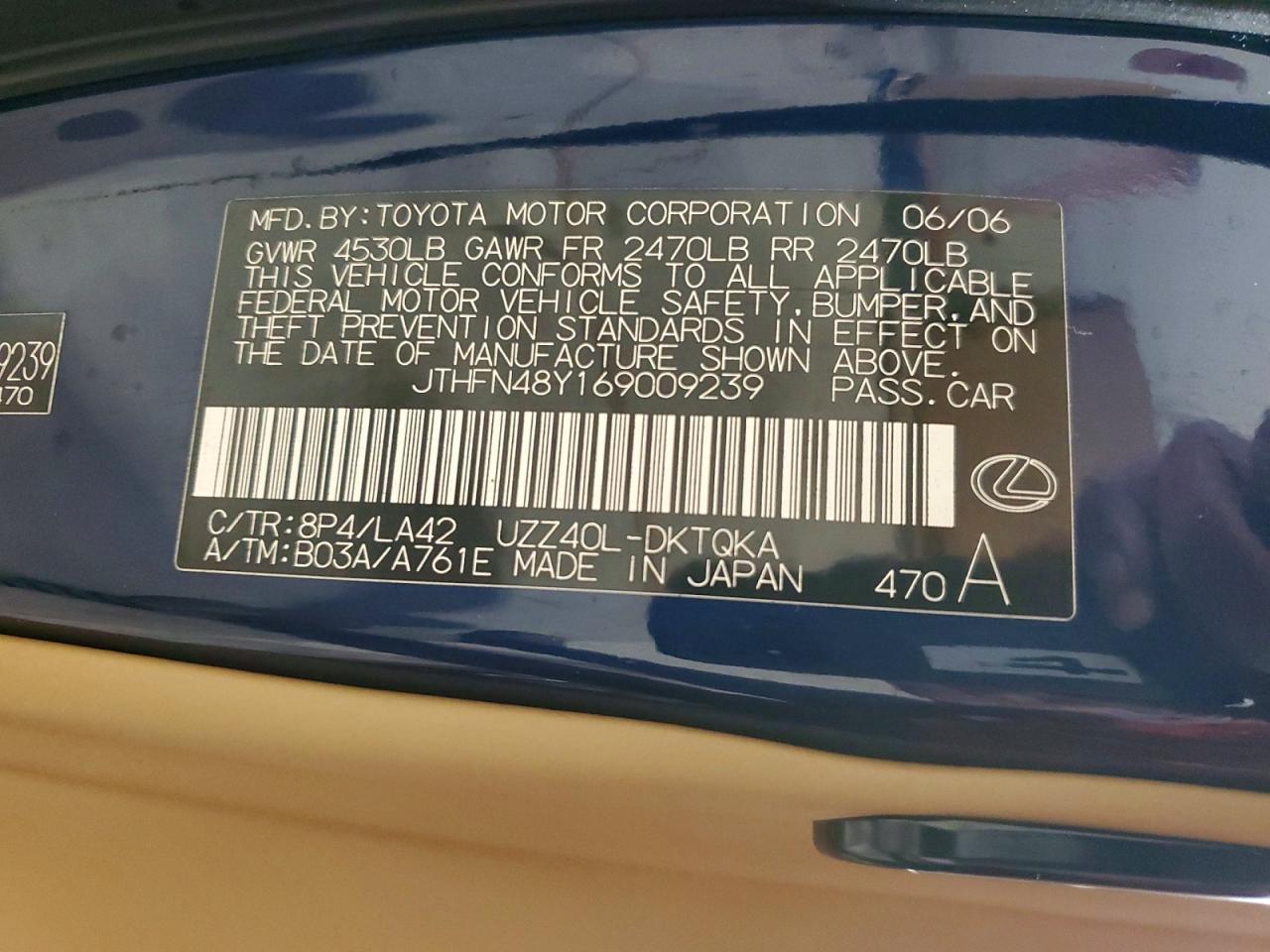 2006 Lexus Sc 430 Blue vin: JTHFN48Y169009239