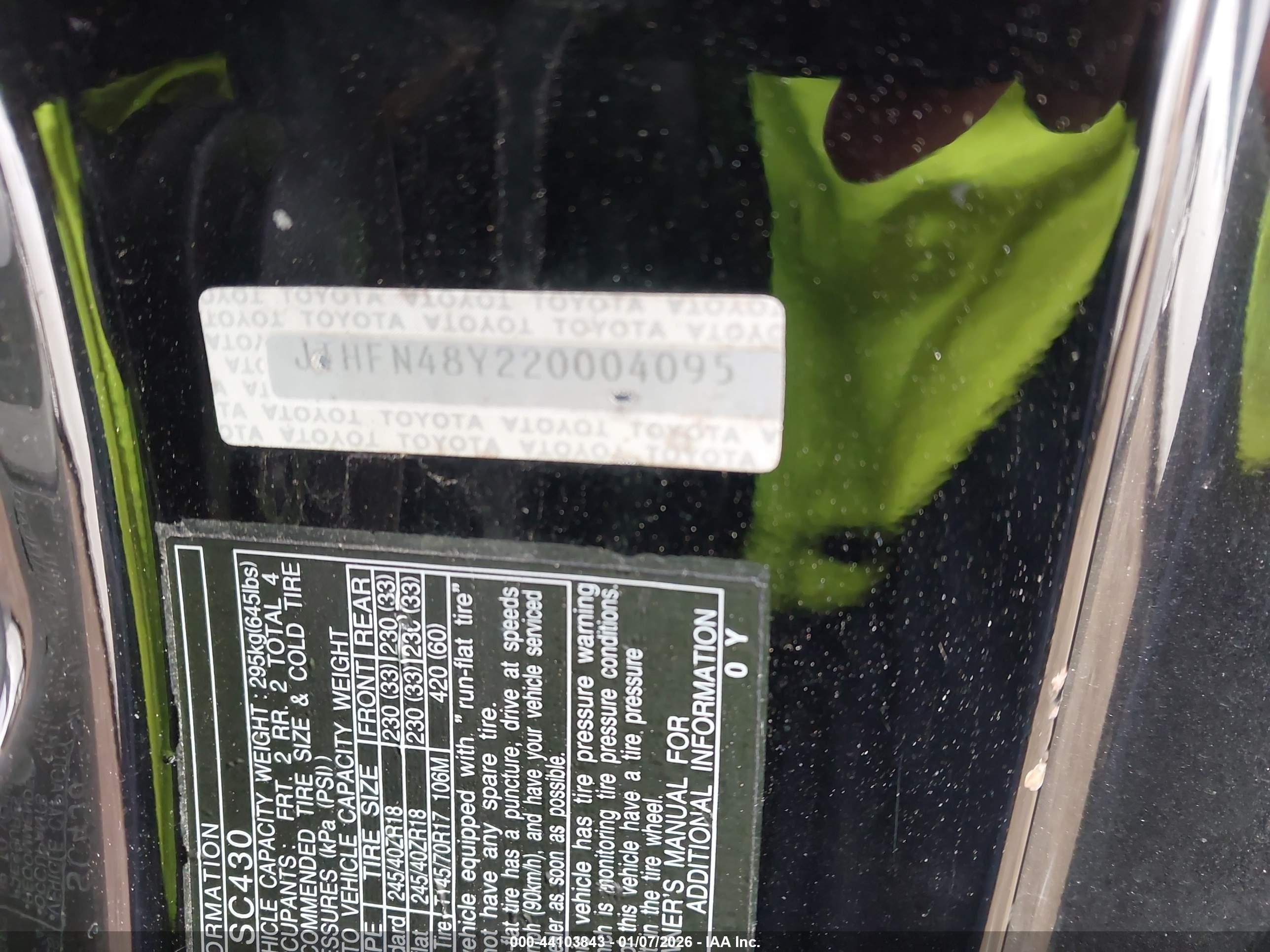 2002 Lexus Sc 430   Black vin: JTHFN48Y220004095