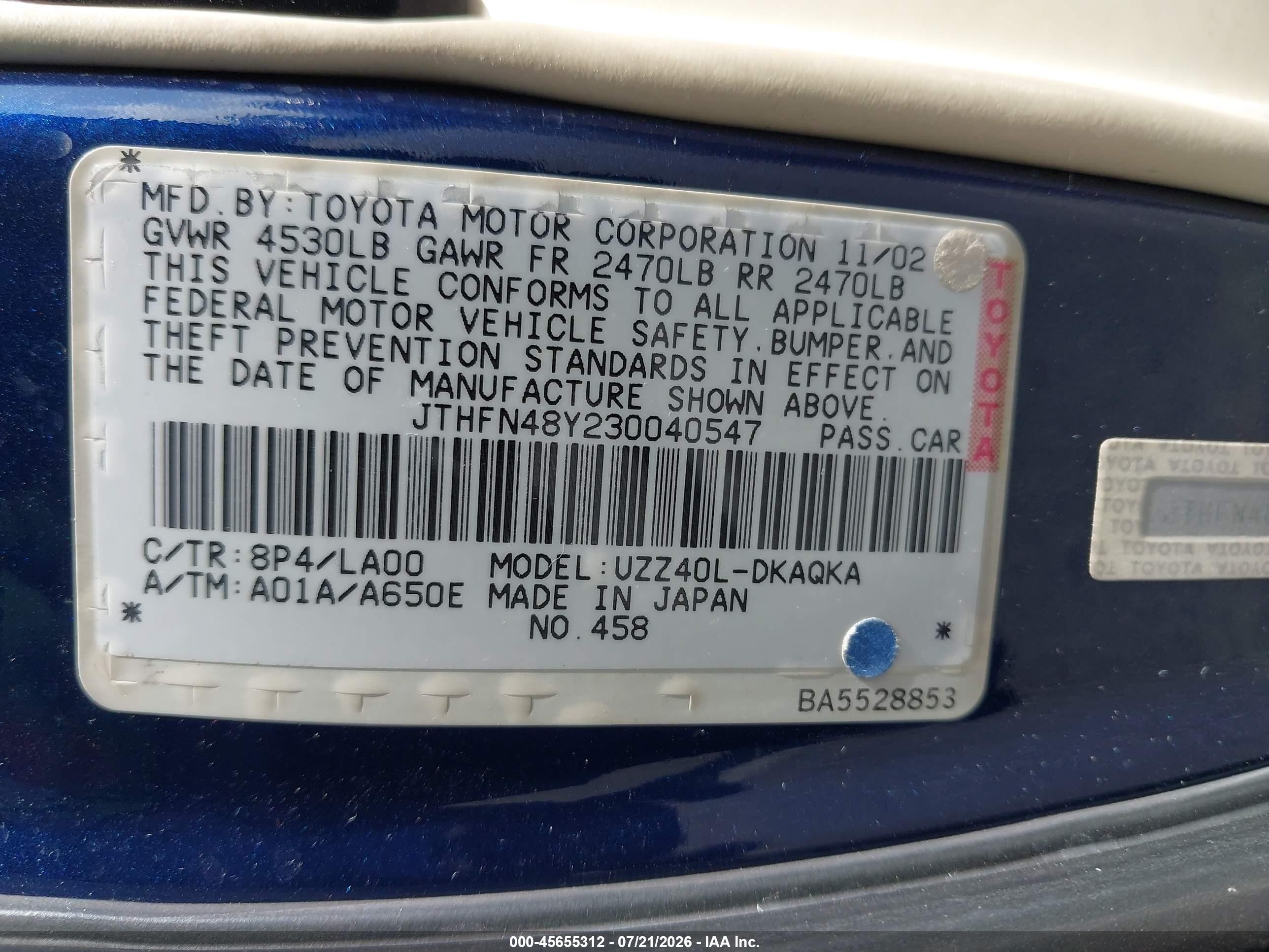 2003 Lexus Sc 430   Blue vin: JTHFN48Y230040547