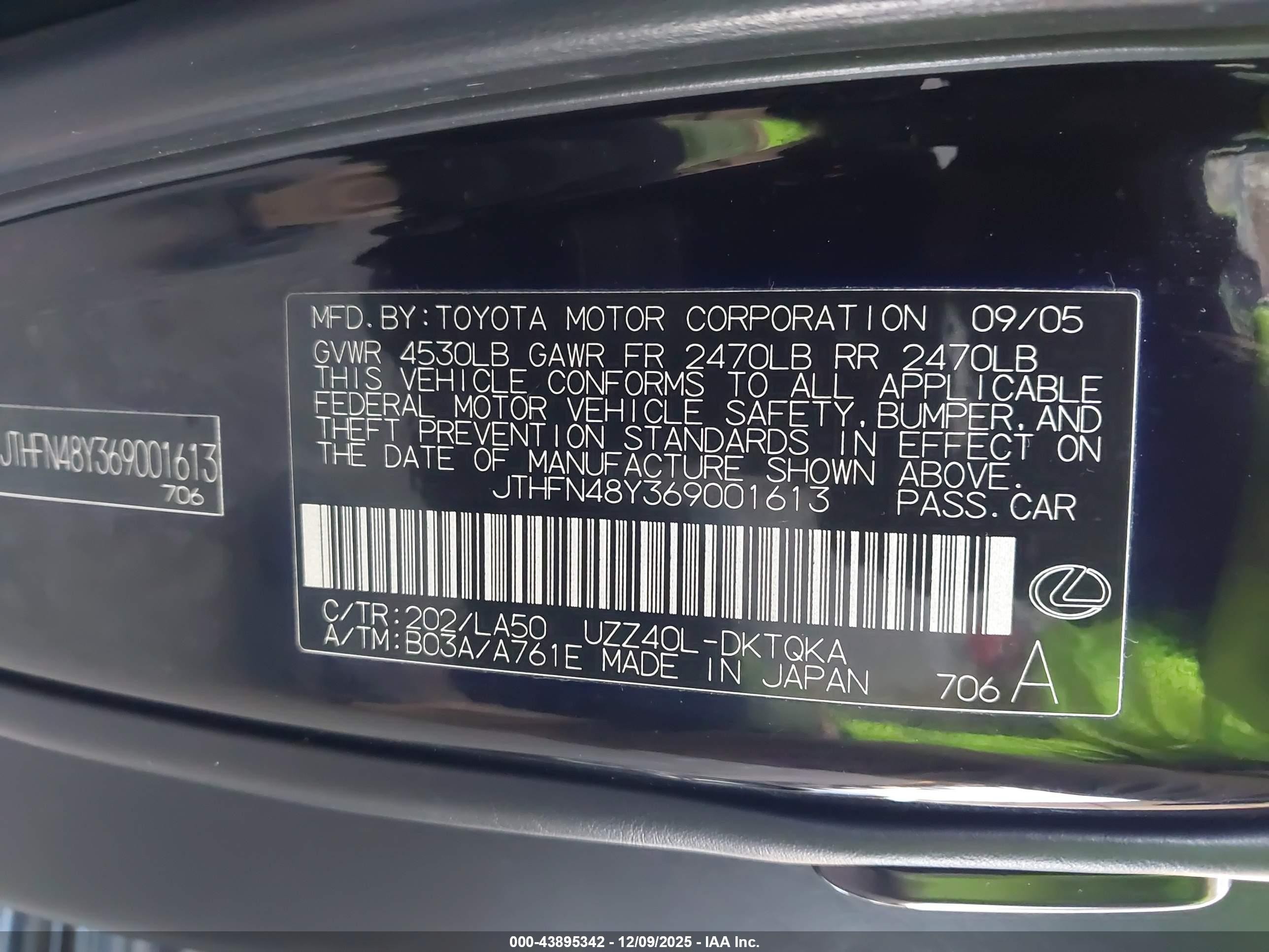 2006 Lexus Sc 430   Black vin: JTHFN48Y369001613