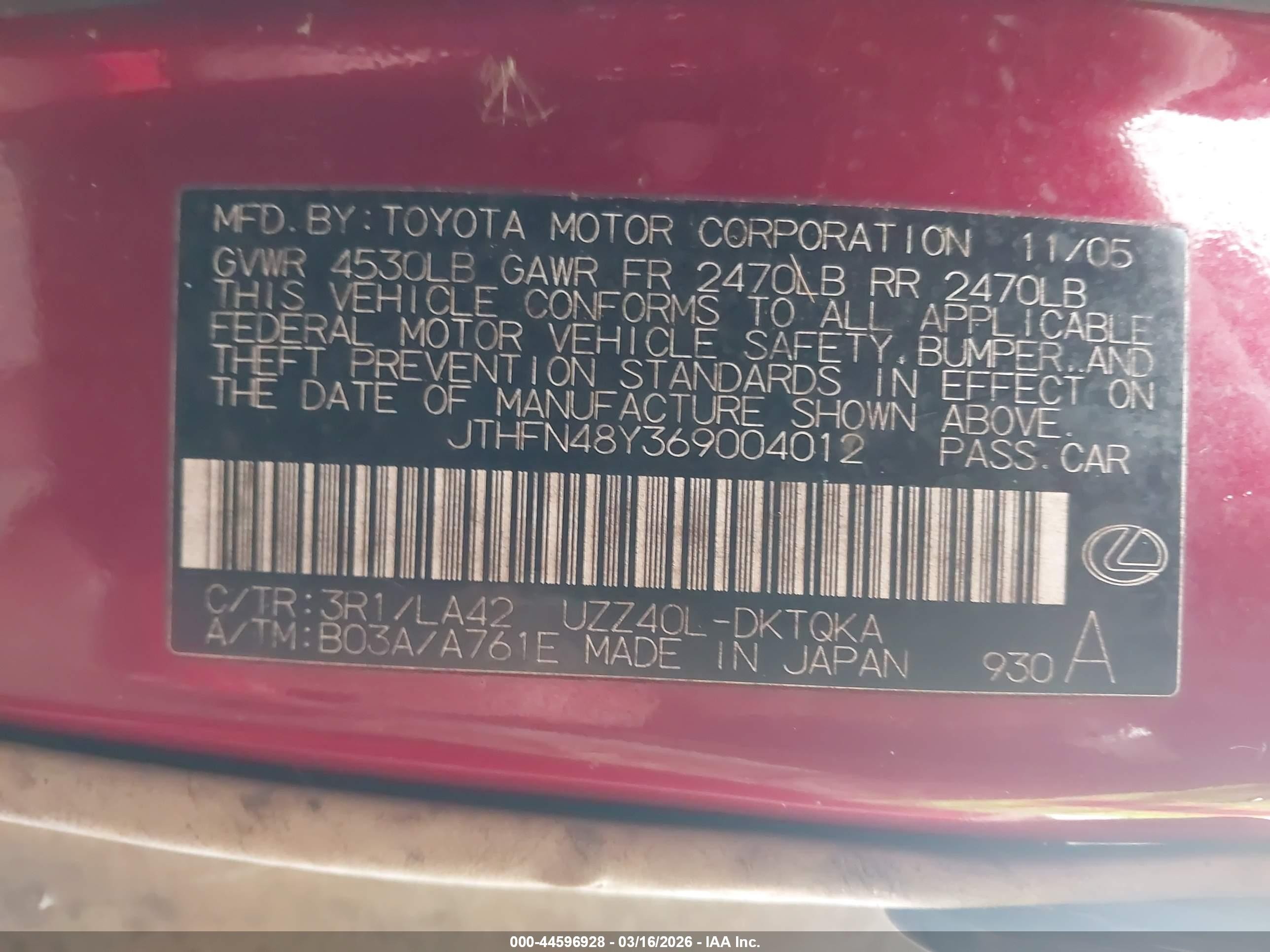 2006 Lexus Sc 430   Red vin: JTHFN48Y369004012