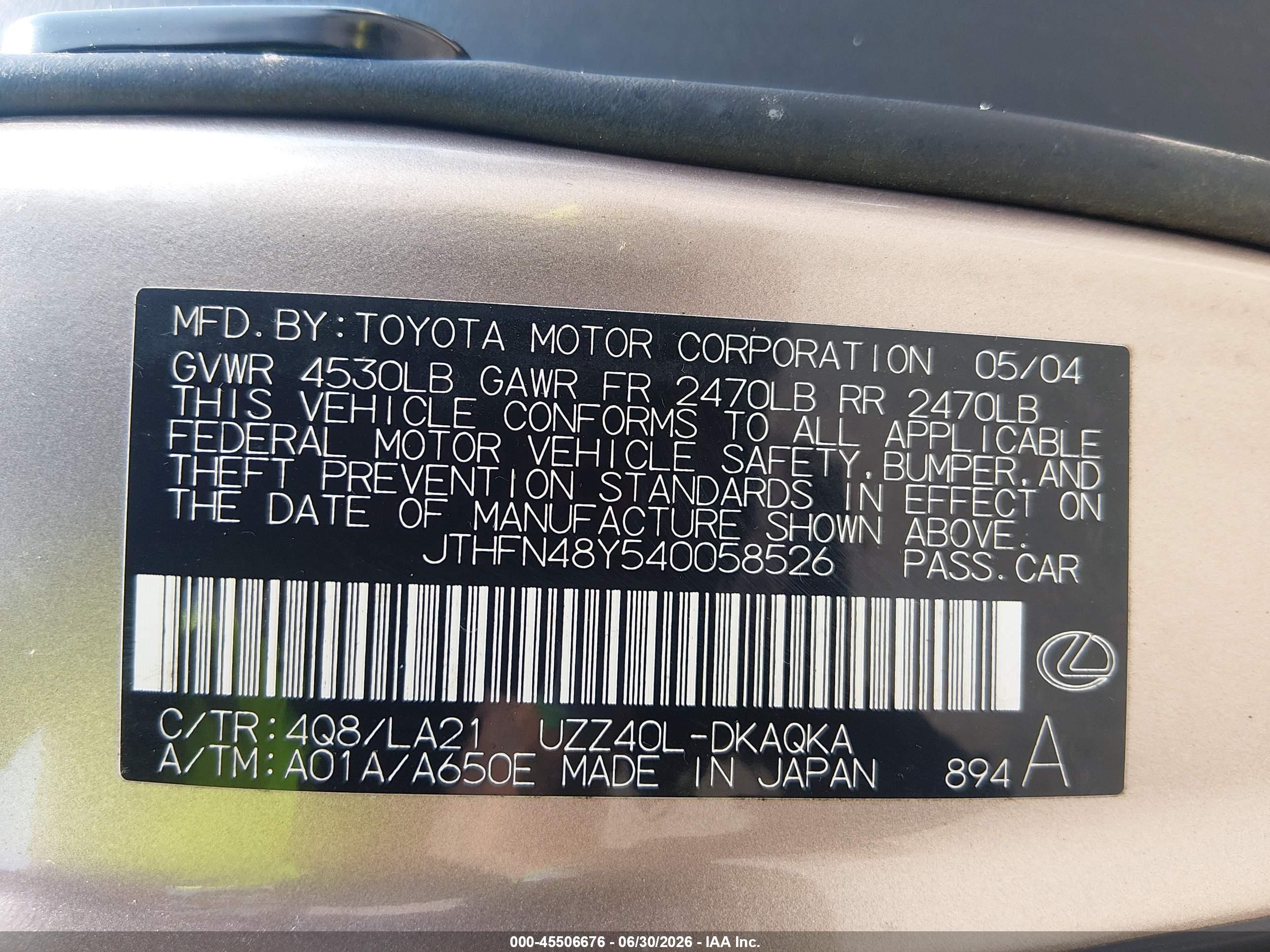 2004 Lexus Sc 430   Gold vin: JTHFN48Y540058526