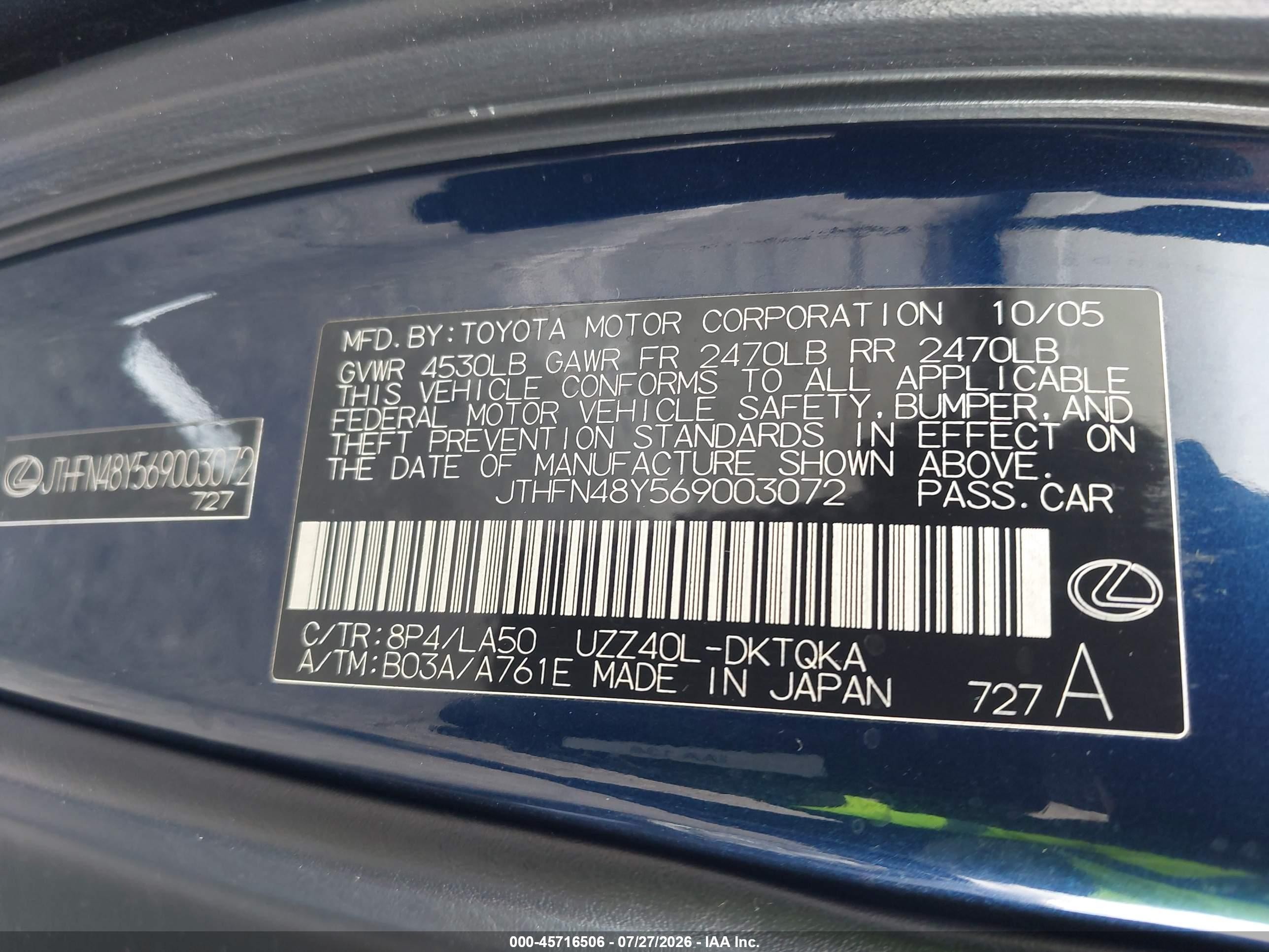 2006 Lexus Sc 430   Blue vin: JTHFN48Y569003072