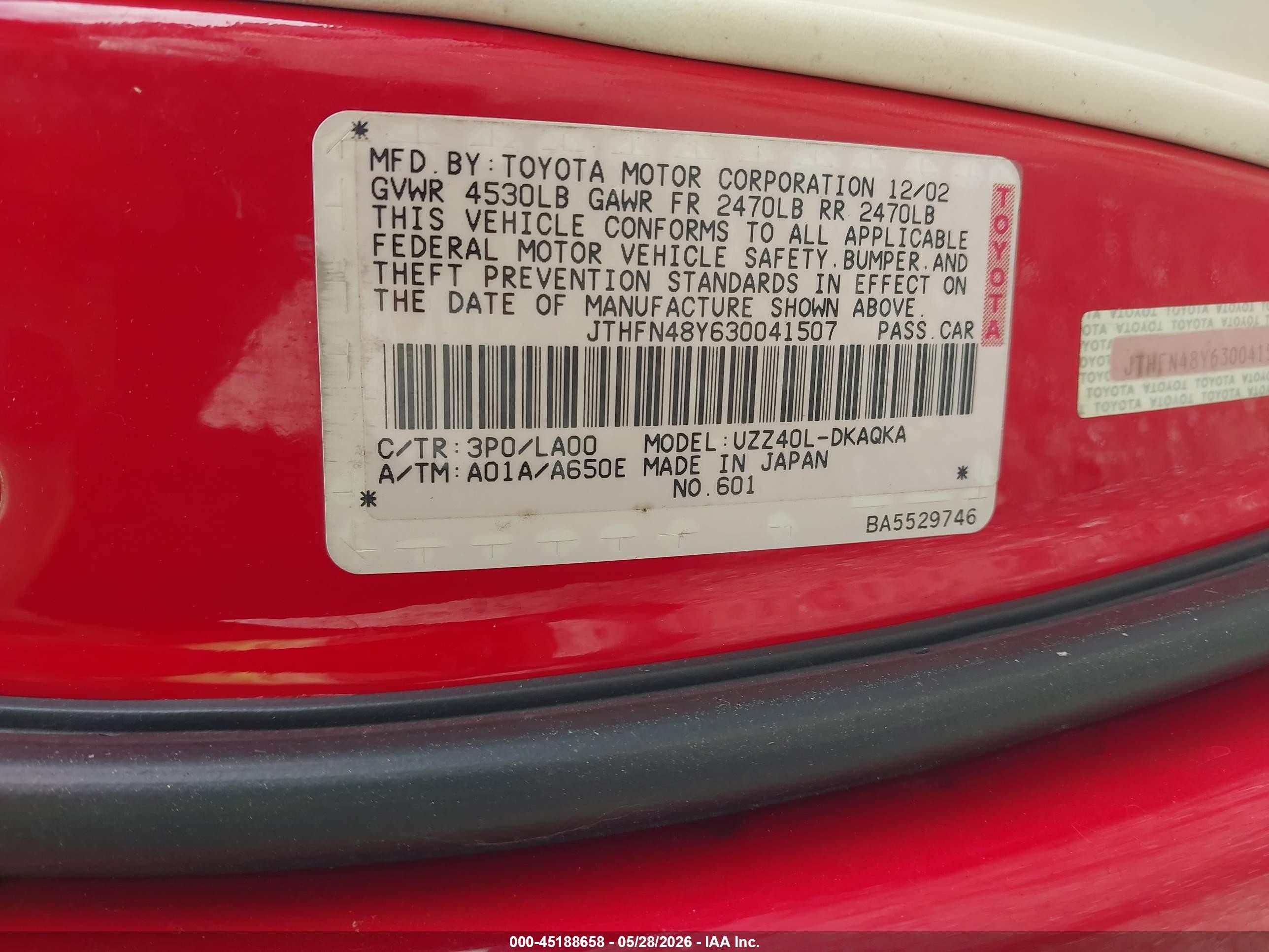 2003 Lexus Sc 430   Red vin: JTHFN48Y630041507