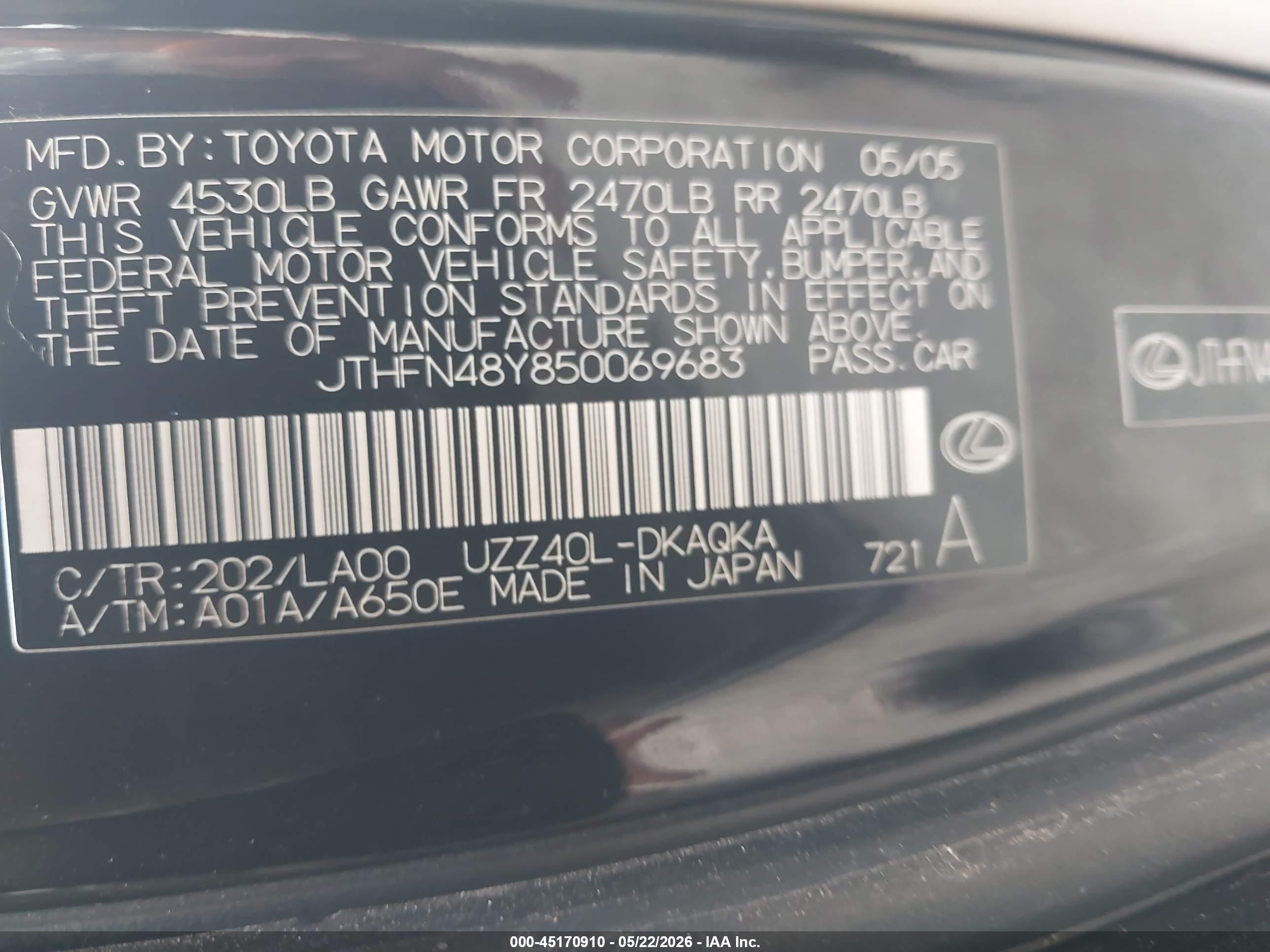 2005 Lexus Sc 430   Black vin: JTHFN48Y850069683