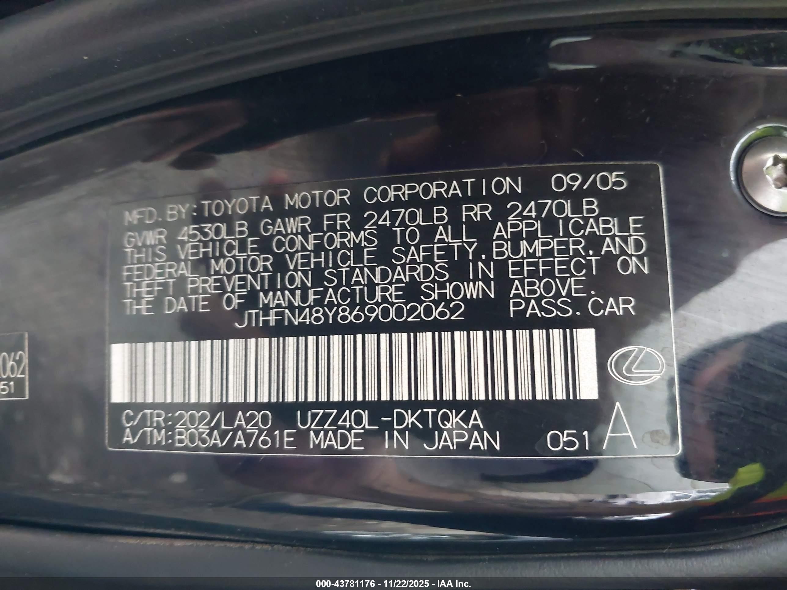 2006 Lexus Sc 430   Black vin: JTHFN48Y869002062