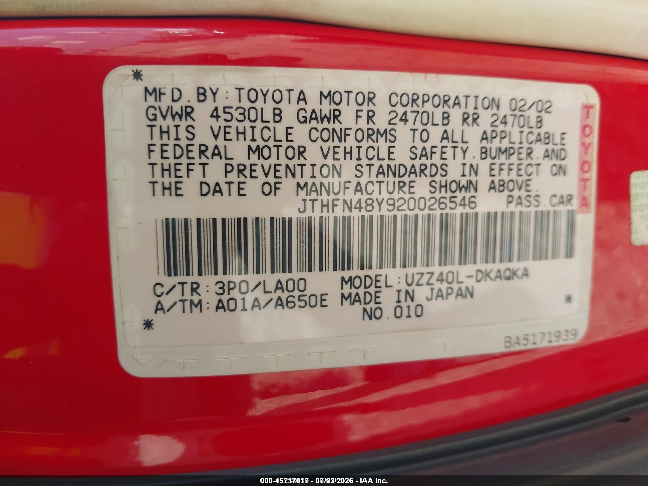 2002 Lexus Sc 430   Красный vin: JTHFN48Y920026546